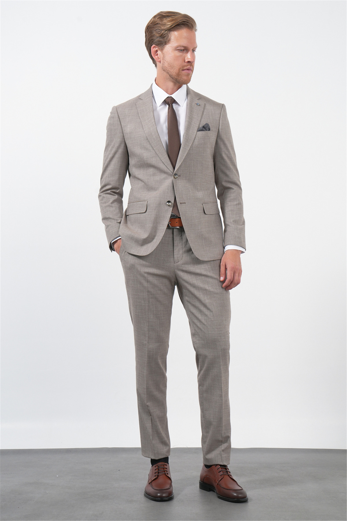 İmza Brown-White Mono Collar 6 Drop Slim Fit Full Lining Flexible Suit 1001260172