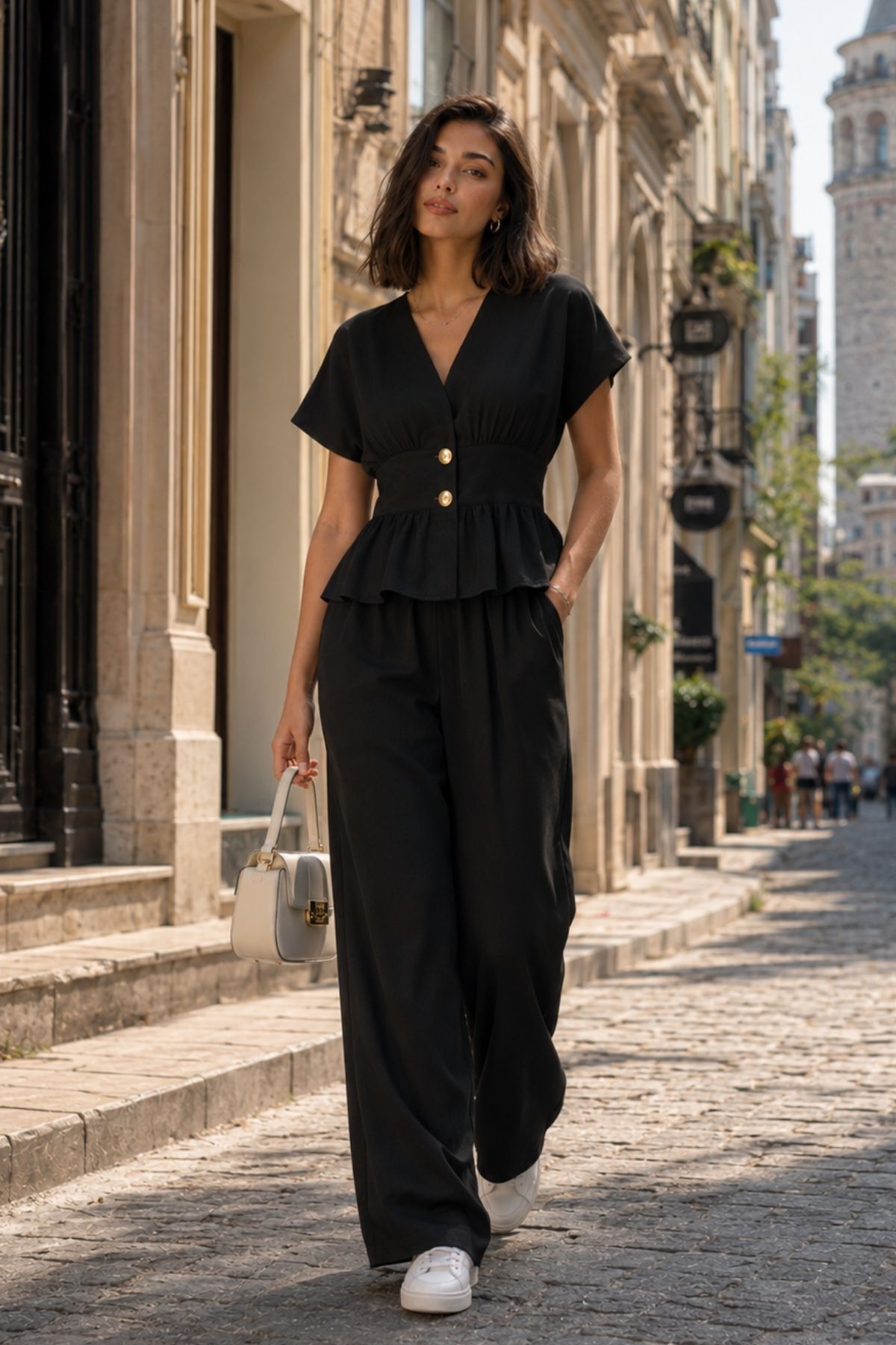 İpli Ženska bluza sa V-izrezom i dugmićima, set širokih pantalona