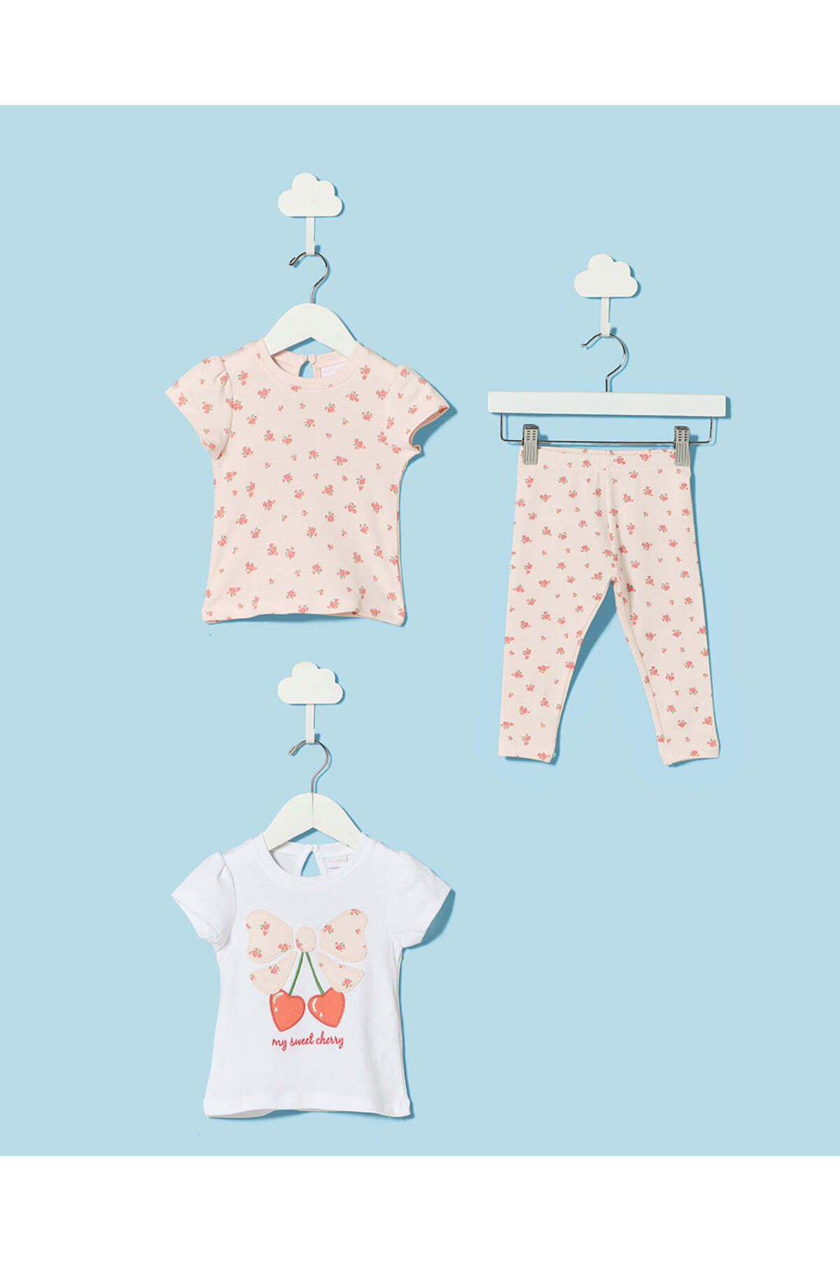 REDTAG Infant Girls White And Pink Printed 3 Piece Set