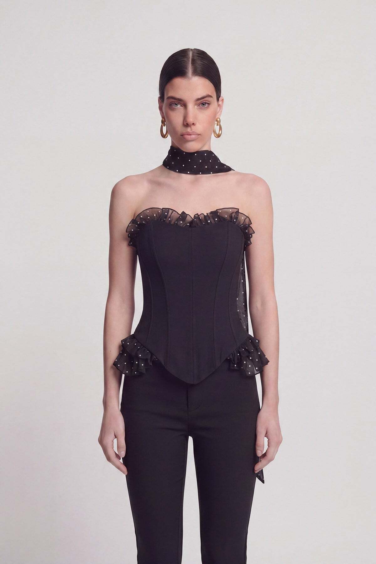 Polka Dot Ruffle and Shawl Detailed Corset Una Bustier Black