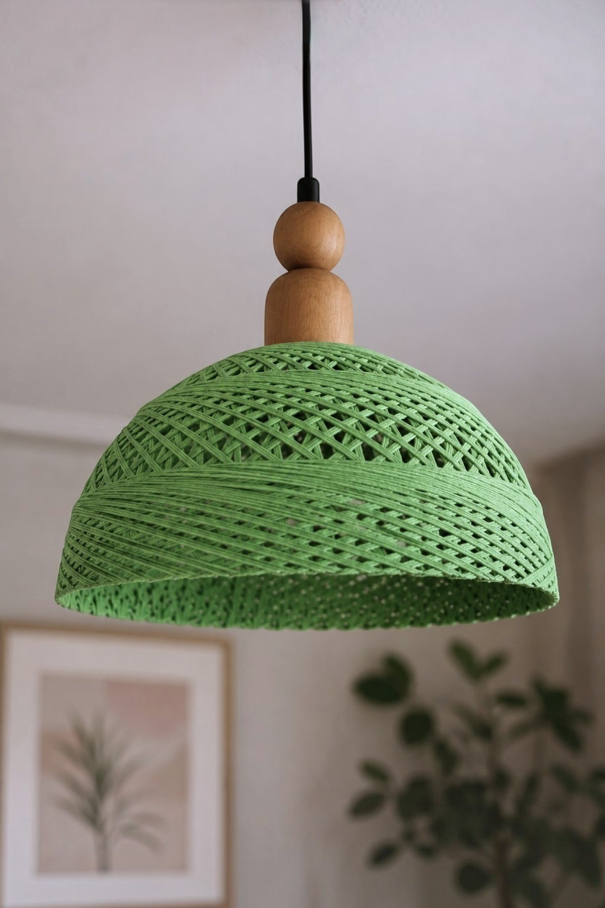 Bohemian Green Recycle Jute Wicker Thick Wooden Beads Headgear Single Pendant E27