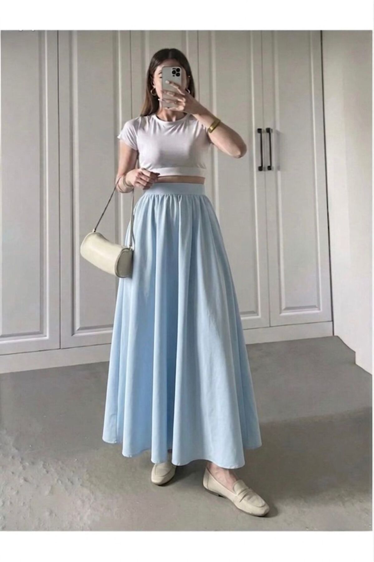 Elastic Waist Pocket Baby Blue Double Skirt