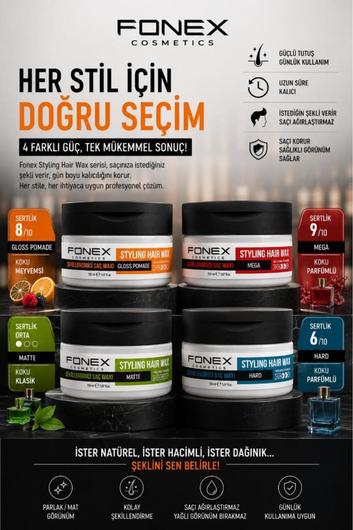 Styling Hair Wax Gloss Pomade Meyveli Koku Turuncu 150 Ml — FONEX-9 — تصویر 3 از 4