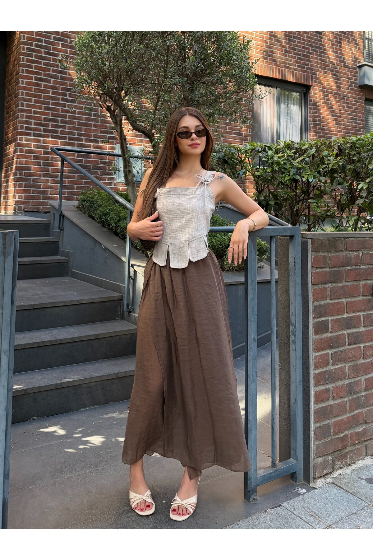 Laluvia Brown Tulle Detailed Segmented Skirt - 3410- Trendyol