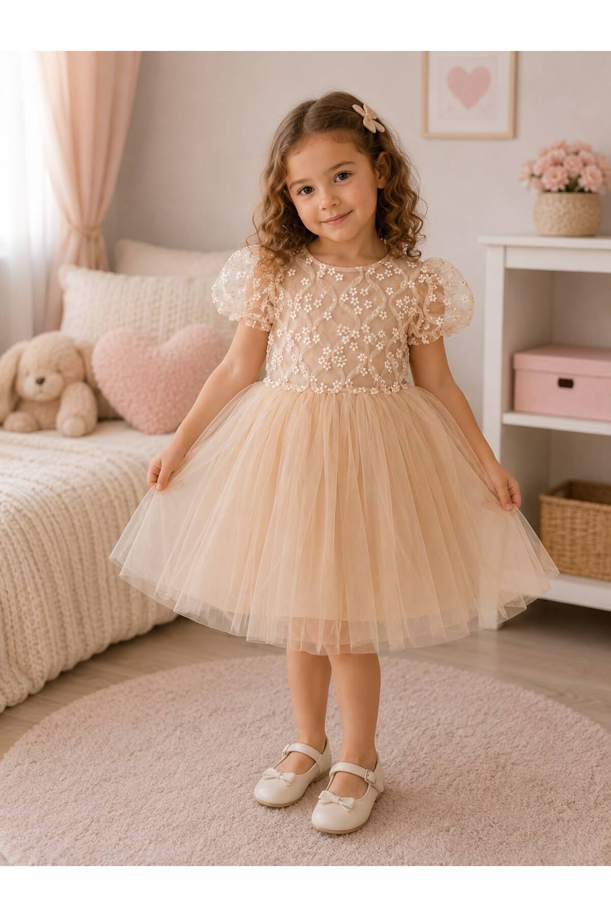 Size Kids Elegant Daisy Embroidered Girl's Birthday Dress