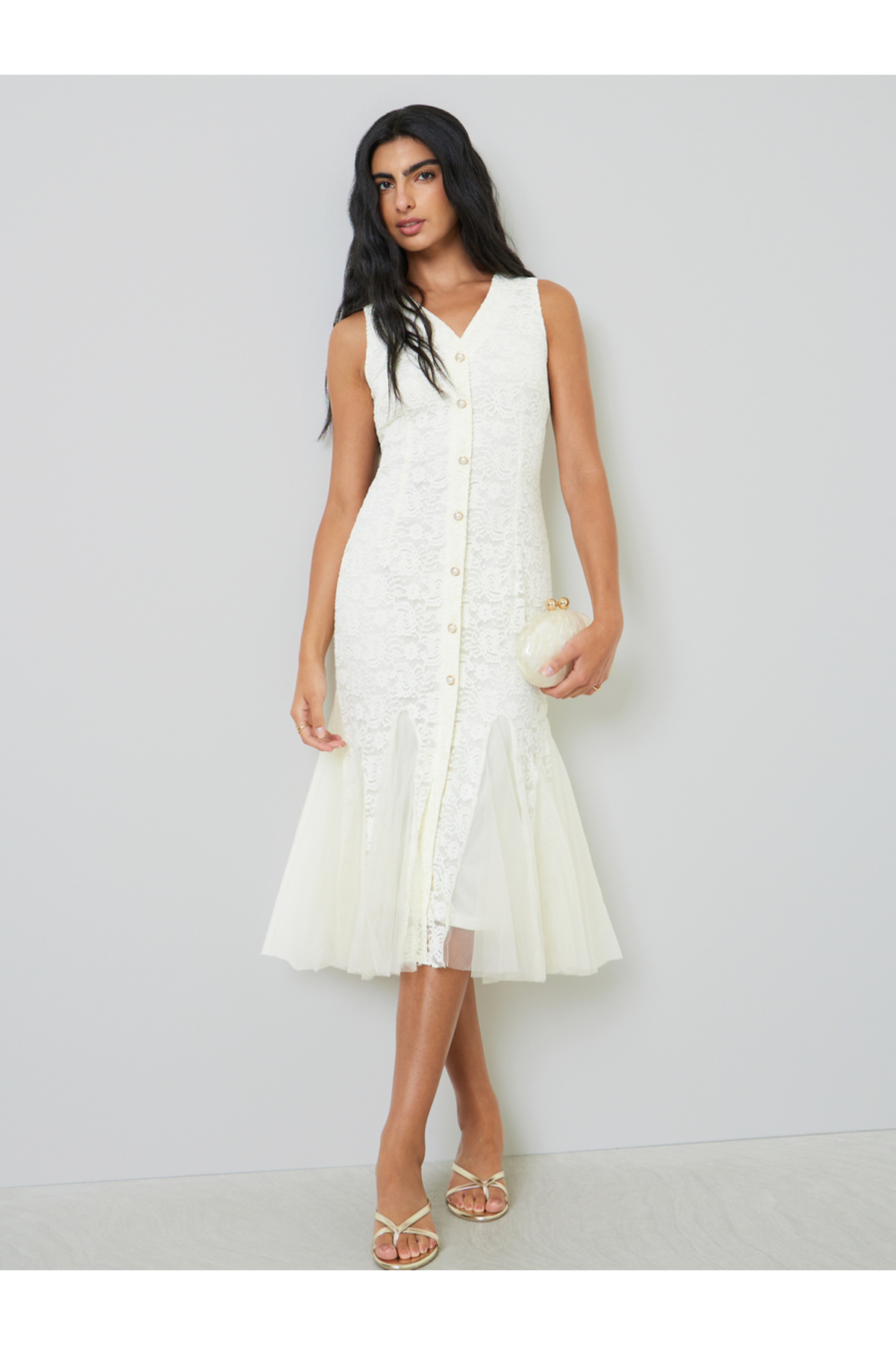 Styli Cream Lace Sleeveless Mermaid Hem Midi Dress