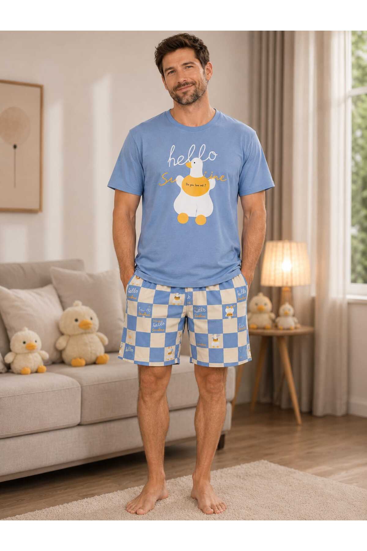 Pijamask ERKEK BASKILI ŞORTLU PAMUKLU YAZLIK PİJAMA TAKIMI