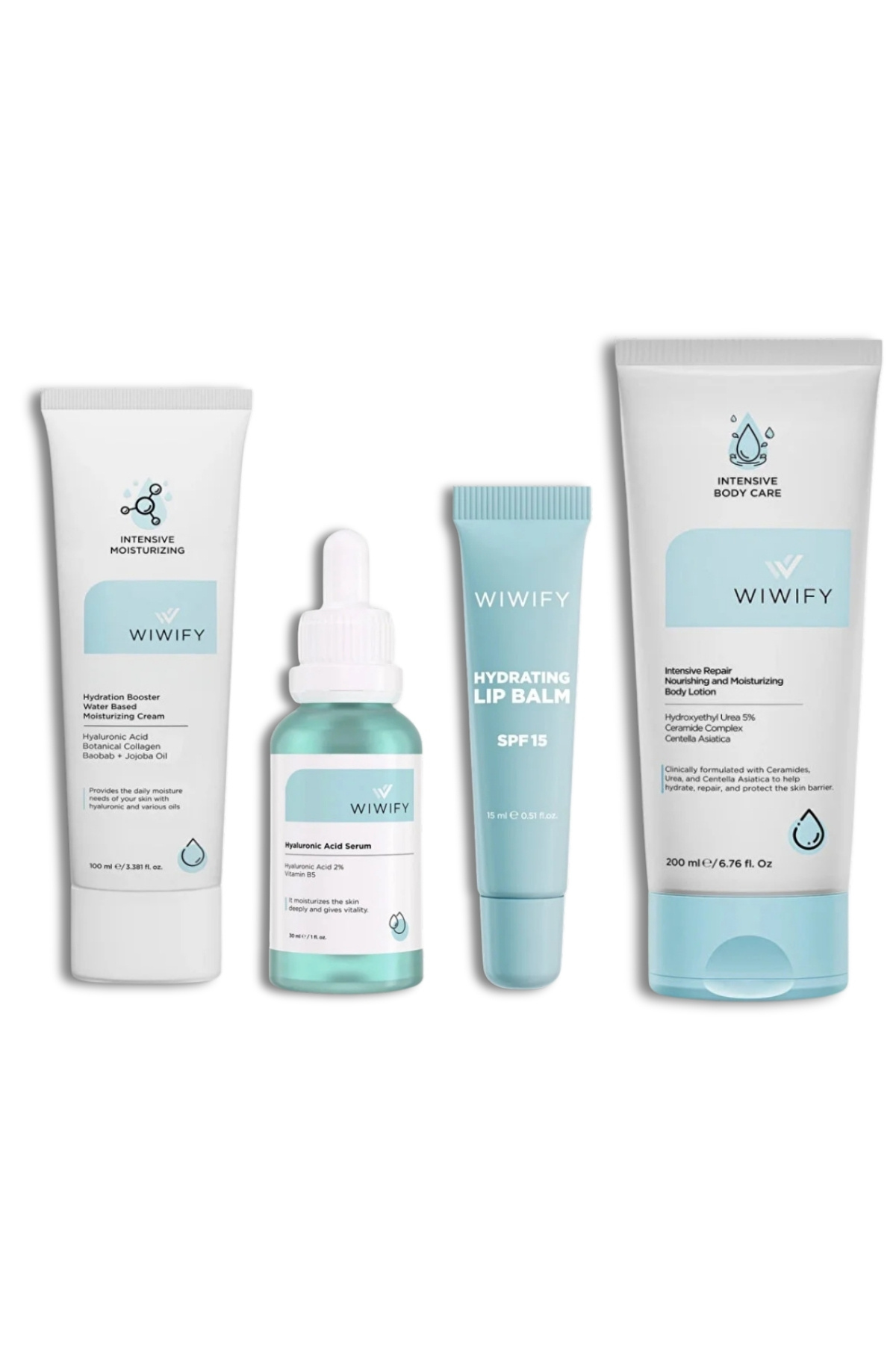 WIWIFY Derin Nem ve Konfor Seti, Nemlendirici Krem + Vücut Losyonu + Hyaluronic Acid Serum + Lip Balm — 401