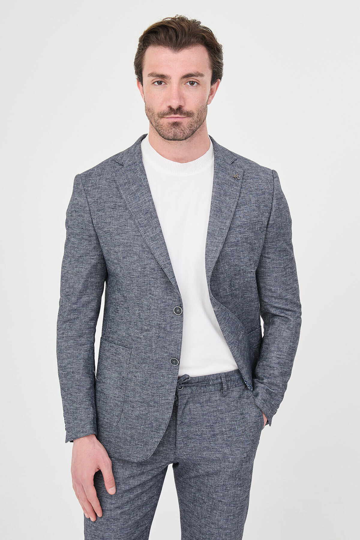 Mcr Gray Slim Fit Mono Collar Trousers Drawstring Linen Men's Suit Navy Blue - 45475.26Y