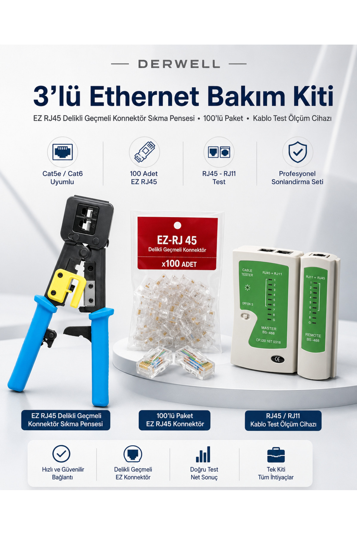 3lü Ethernet Bakım Kiti EZ RJ45 Delikli Geçmeli Konnektör Sıkma Pensesi 100lü Paket Kablo Test Ölçüm Cihazı Cat6 Cat5e UTP İnternet Ağ Kablosu Çakma Pensesi Profesyonel Sonlandırma Seti