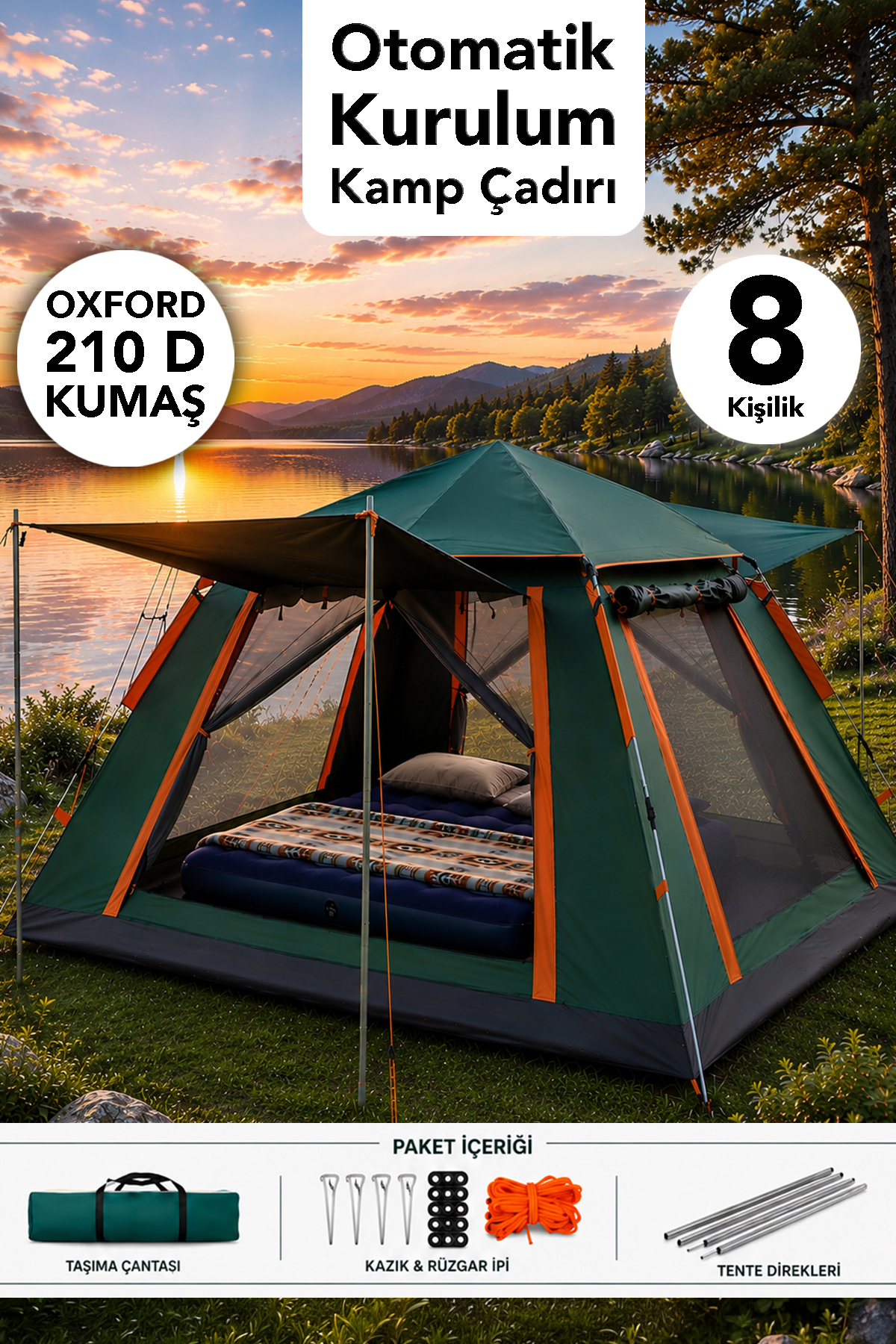 Fischer 8 Kişilik Otomatik Kurulum Çadır - Oxford 210 D Kumaş Kamp Bahçe Çadırı 270x270x170