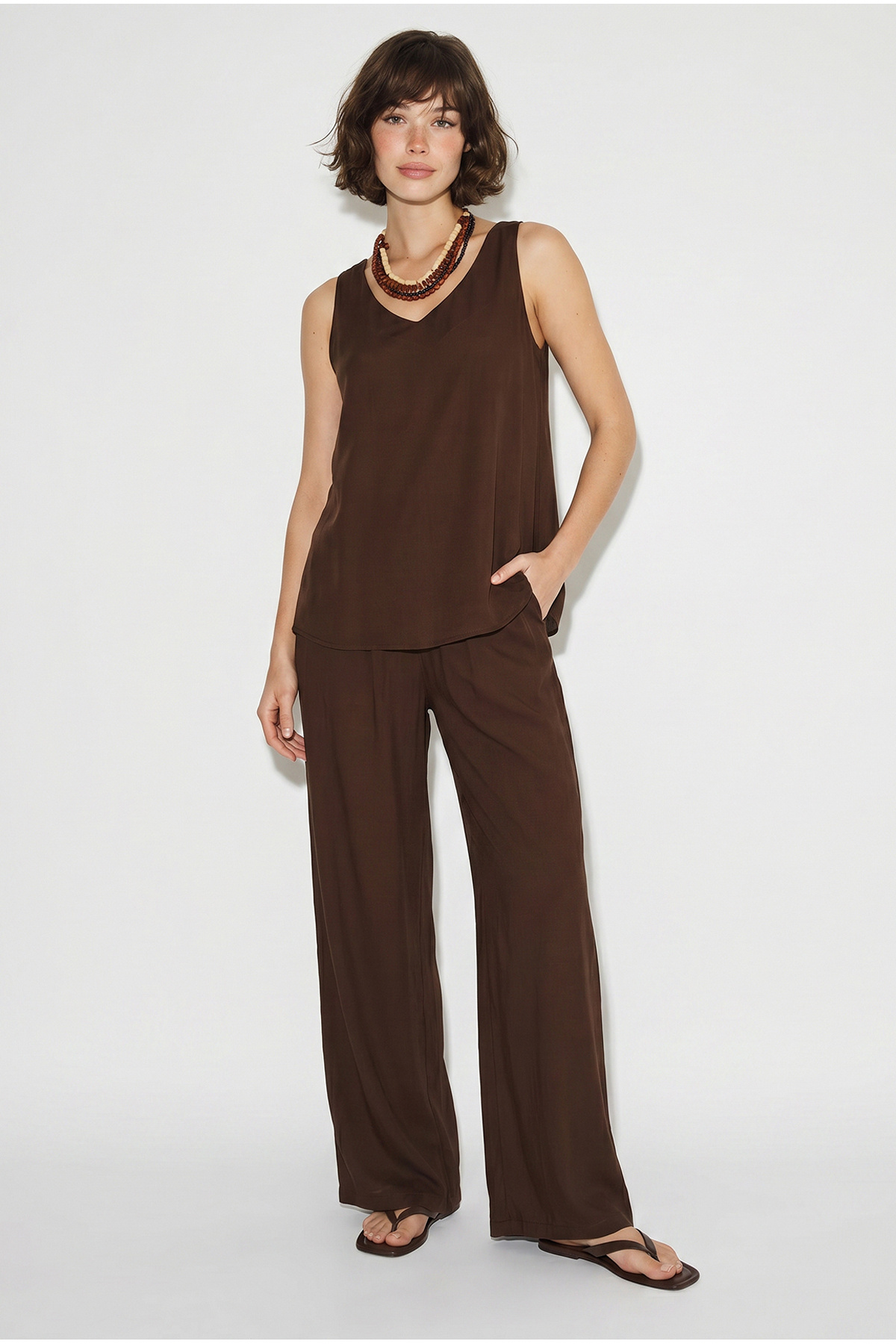 Women's V-Neck Strappy Blouse Palazzo Pants Bottom-Top Set 3142 60283115
