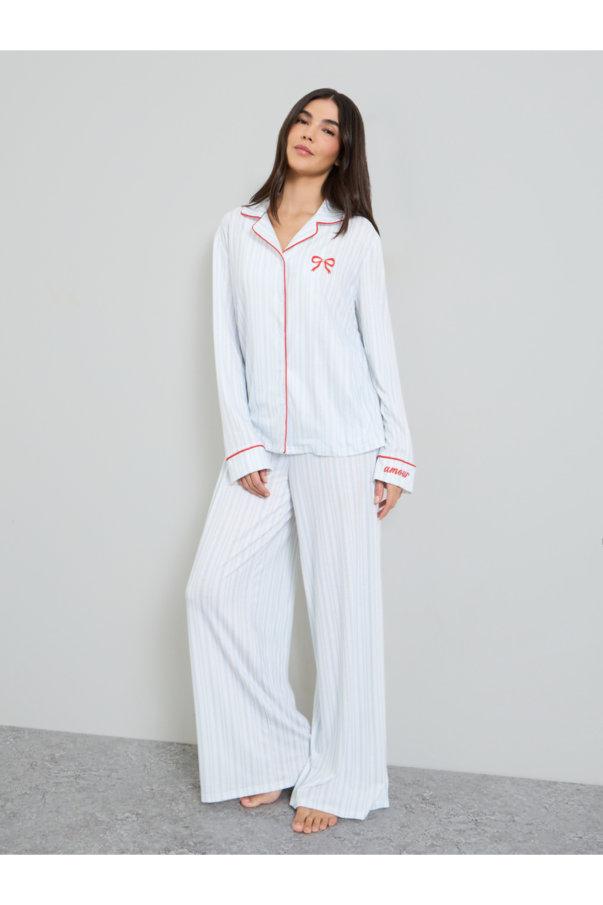 Styli Blue Striped Bow Print Piped Long Sleeves Shirt and Pyjama Set