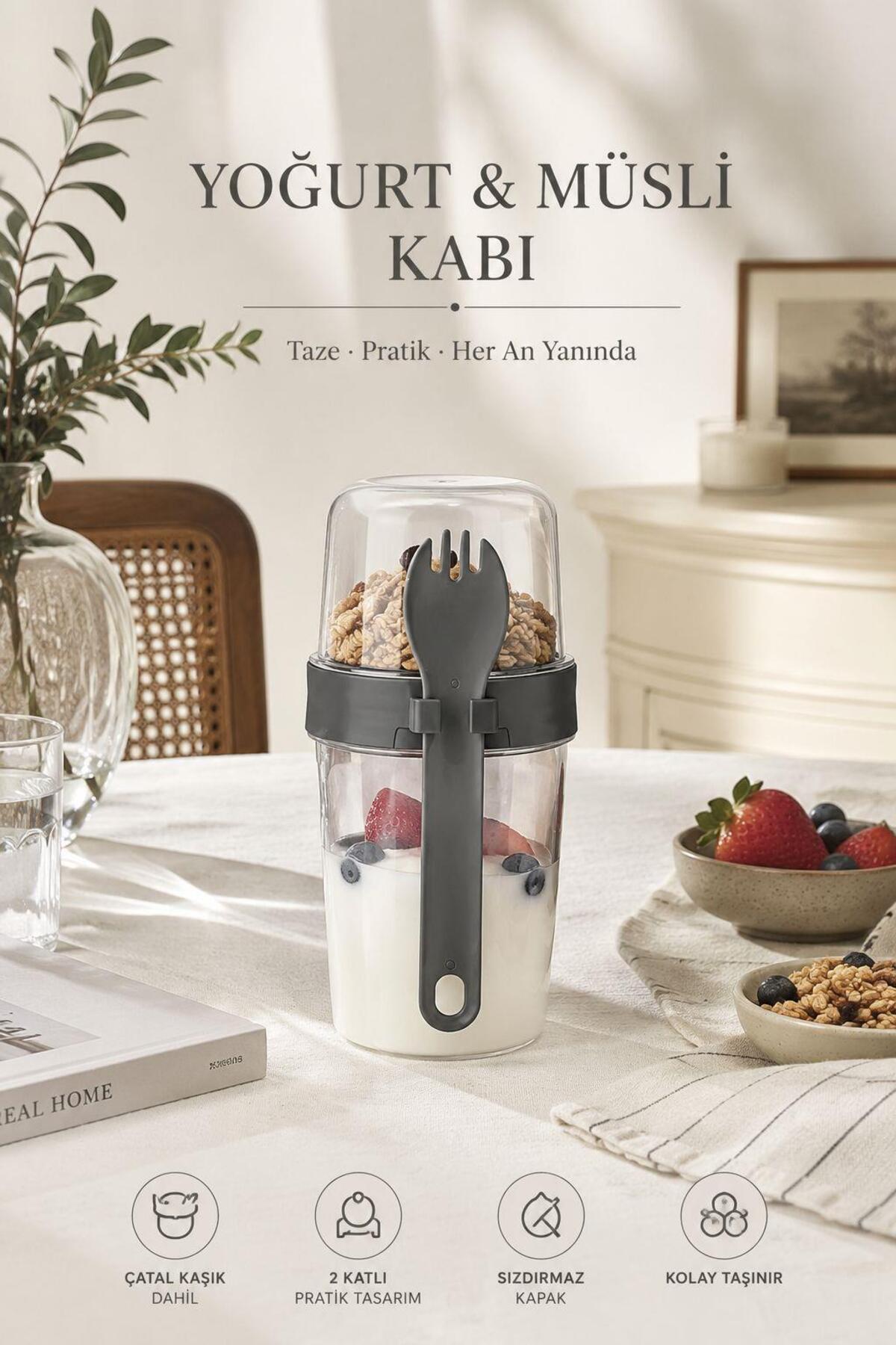 Okyanus Home Çift Hazneli Kaşıklı Yoğurt ,Yulaf, Müsli Kabı Pembe