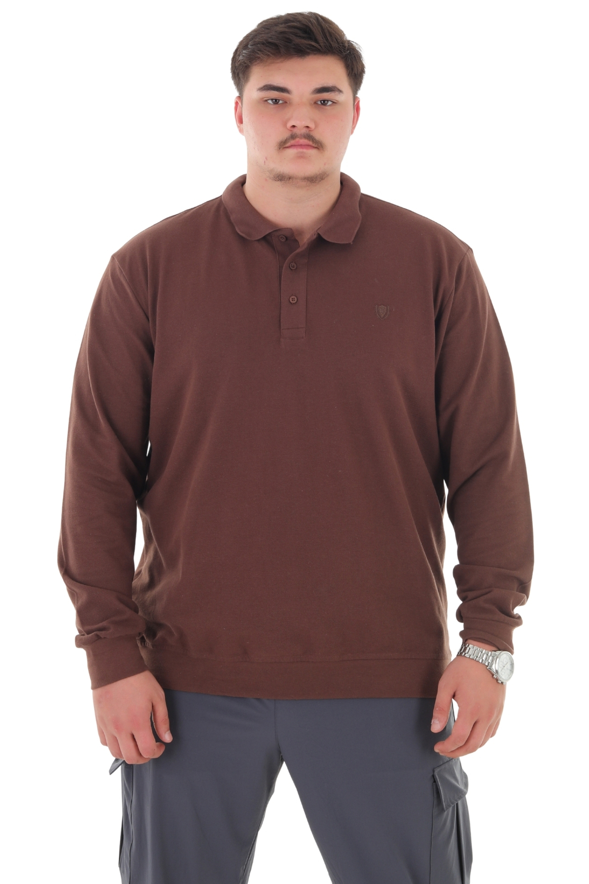 marufshop Erkek Büyük Beden 115-155 Kilo Arası İçin Uygun Uzun Kol Polo Yaka Mevsimlik Sweatshirt Kahverengi