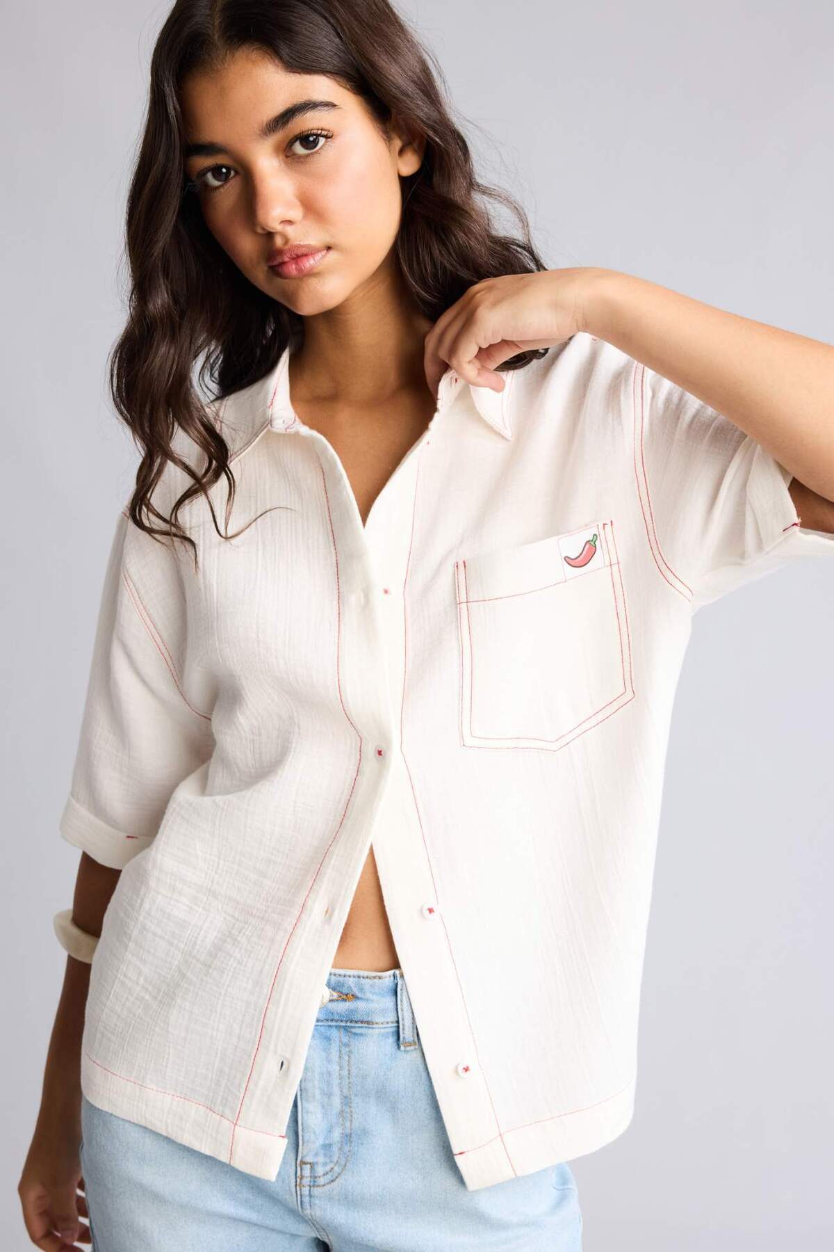 Defacto 100% Cotton Oversized Muslin Short Sleeve Shirt with Embroidery Detail I2737Ax26Hs
