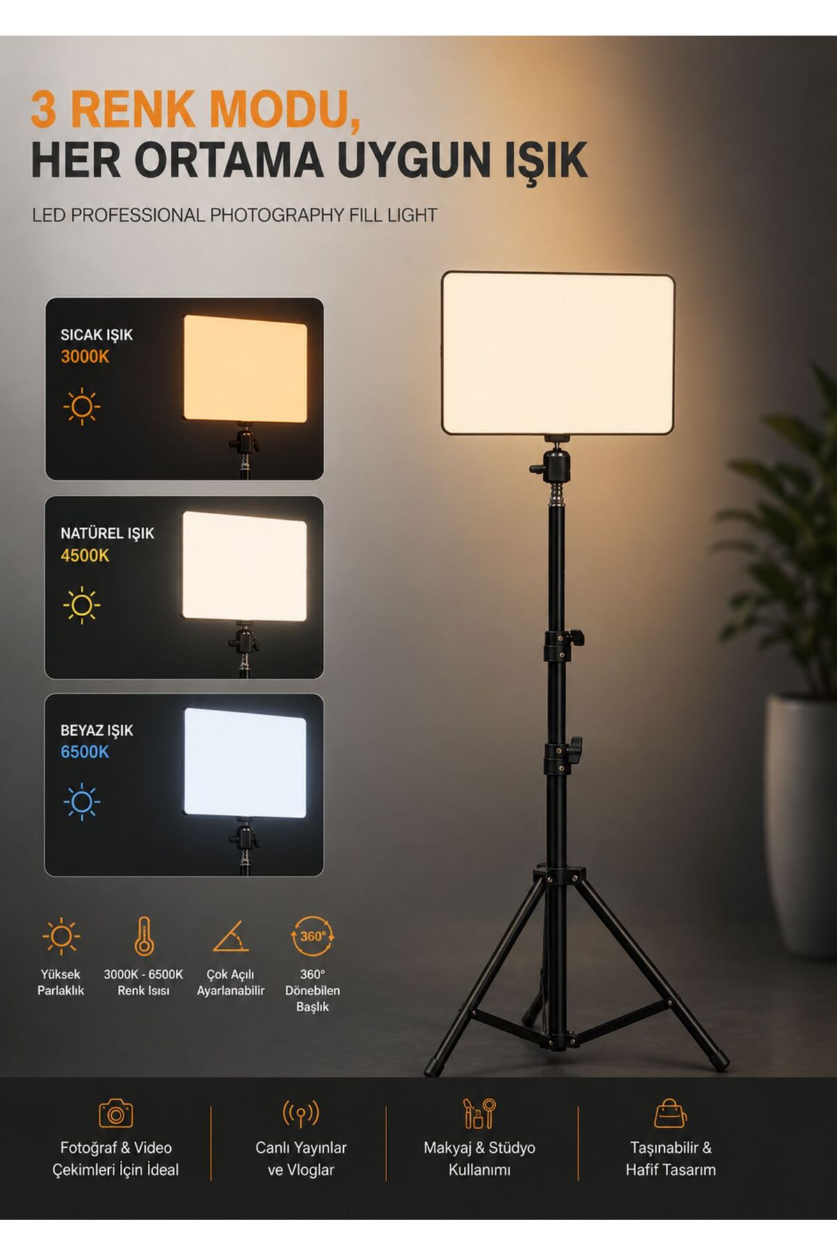 210 cm Tripod led Video Light, 3000K-6500K Adjustable Photo and Studio Shooting Lamp with 3 Color Modes