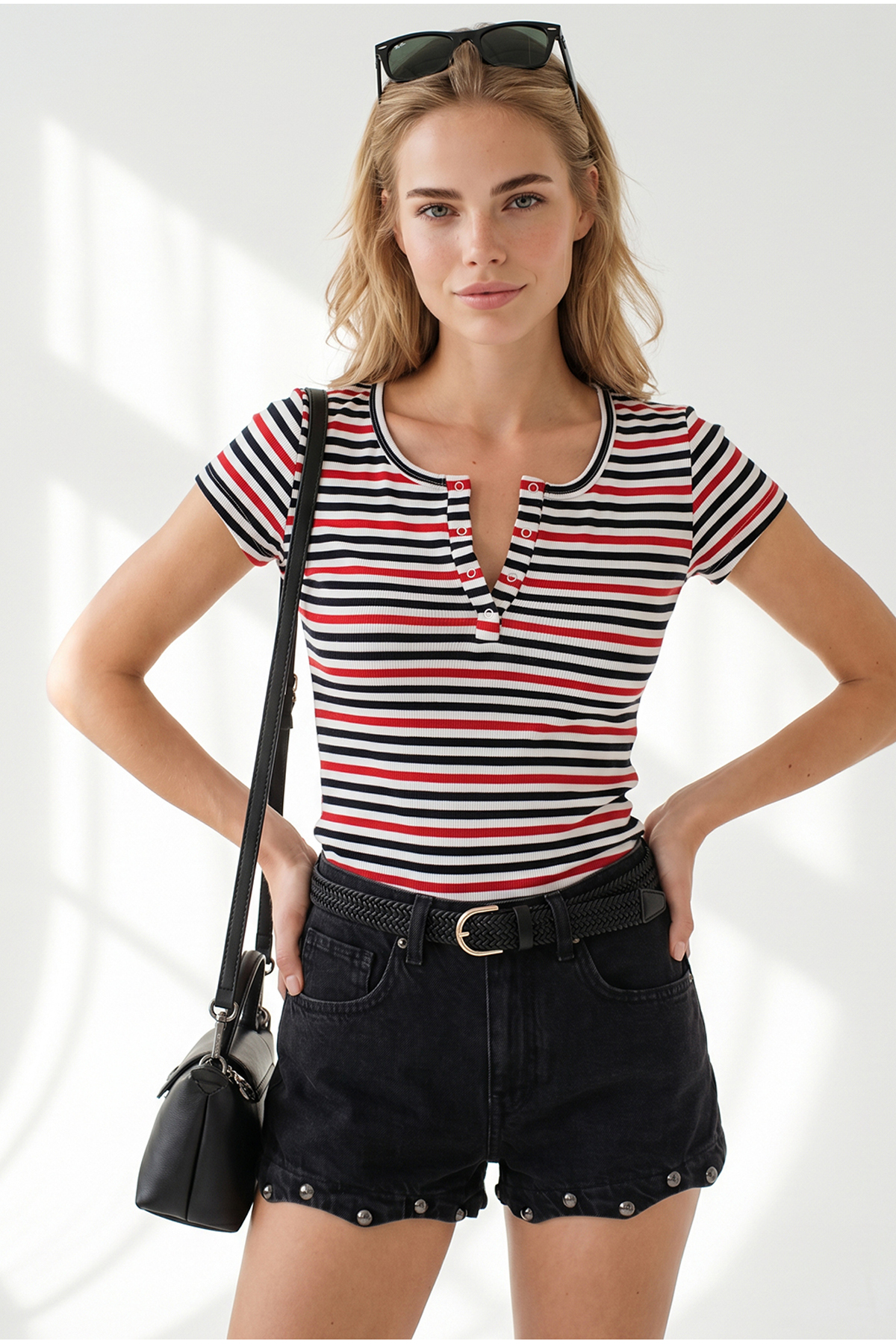 Women's Striped Red Black Snap Fastener Camisole BlouseBLZ-19000171