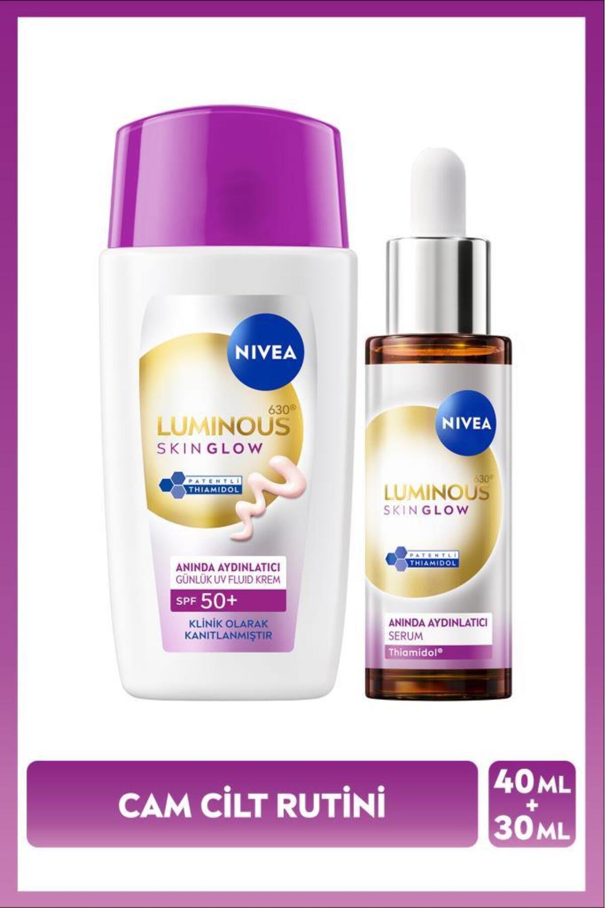 NIVEA SPF50+ Güneş Koruyucu Luminous630 Skin Glow Aydınlatıcı Yüz Kremi 40ml ve Serum 30ml, Cam Cilt — SET.NVE.1410