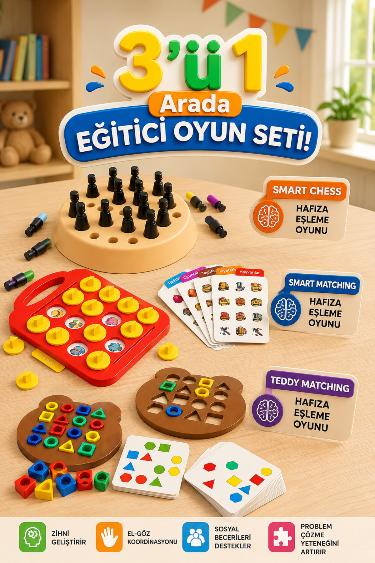 M&H 3'lü Oyun Seti - Smart Chess - Smart Matching - Teddy Matching - Eğitici ve Öğretici Oyun Seti