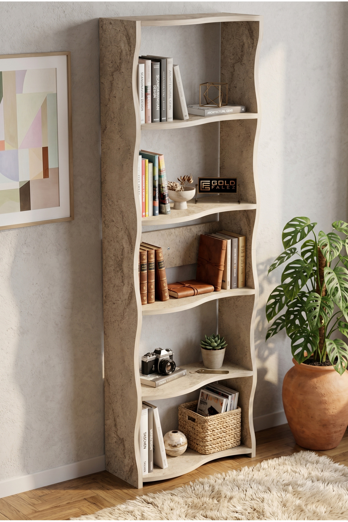 Kitaplık 5 Raflı Esinti Modern Çok Amaçlı Dekoratif Raf Ünitesi Geniş Kütüphane Ofis Kitaplığı 7082 raverten görsel 2