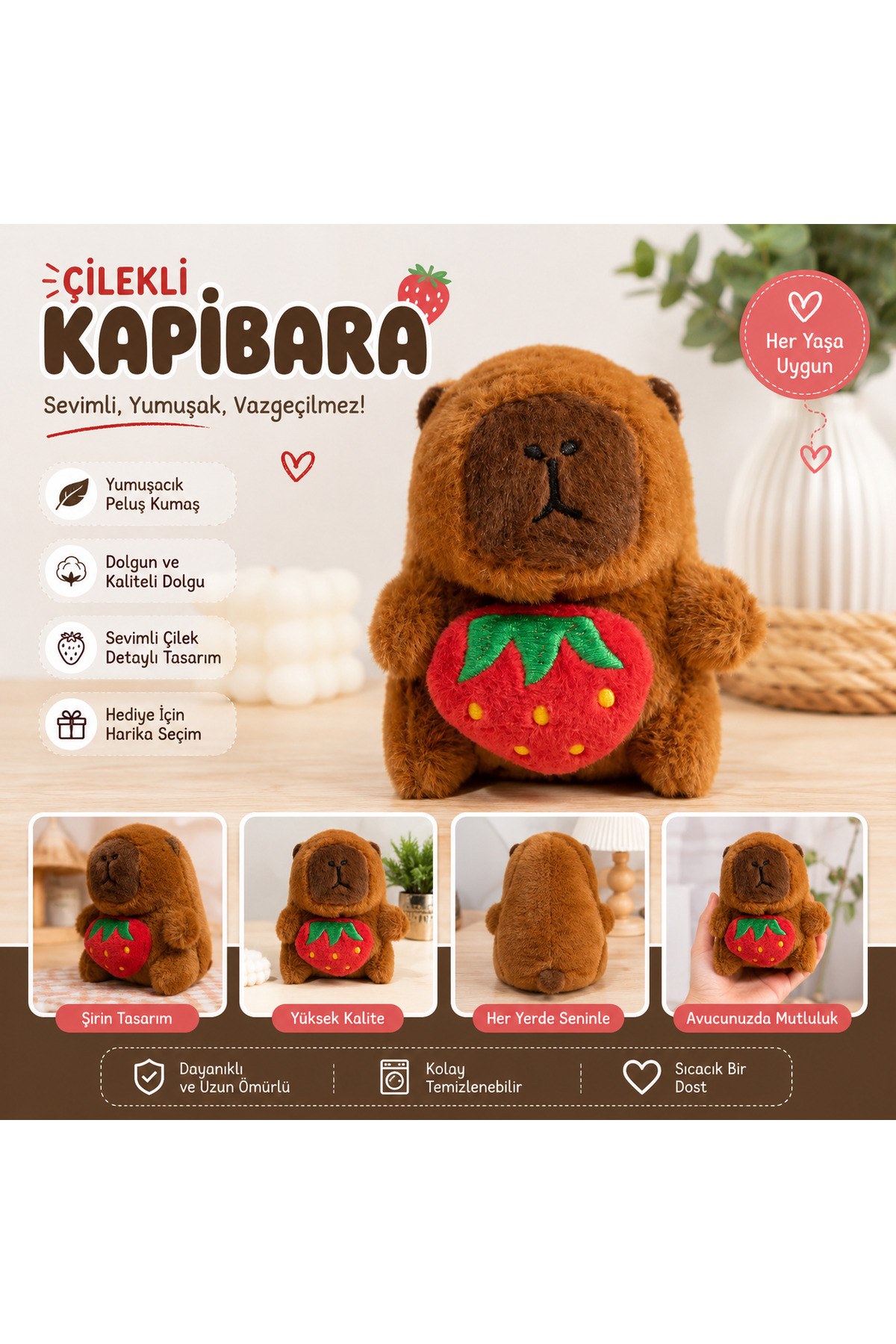 Strawberry Capybara Plush Toy – Cute Kawaii Capybara Soft Plush Doll Decorative Sleeping Friend Kids & Adults Gift Brown Keychain
