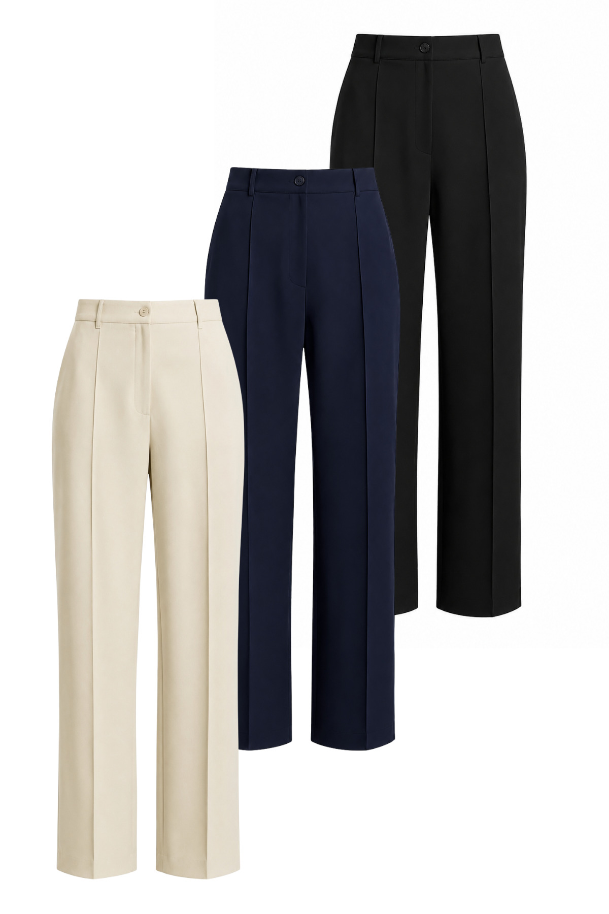 Merci Women's High Waist Wide Leg Palazzo Trousers with Ribbed Front Stitching, Set of 3 (Black, Navy Blue, Beige)