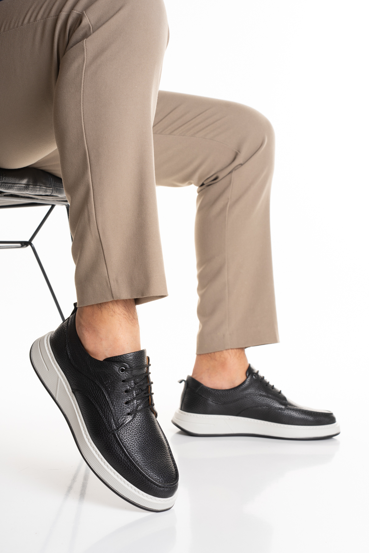 Fame Step Erkek Hakiki Deri Günlük Ayakkabı Siyah Modern Casual Kalın Taban Bağcıklı Bologna görsel 4