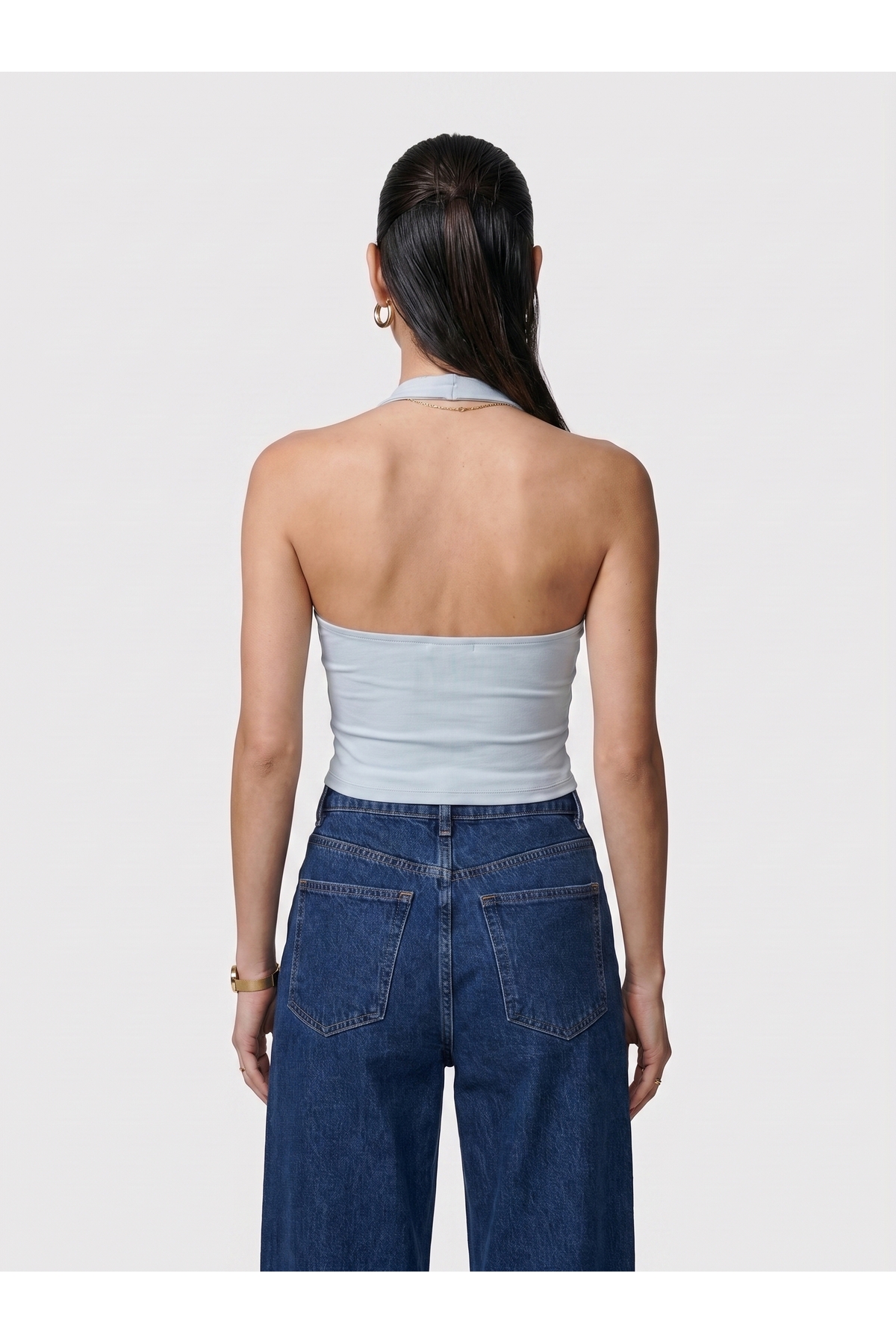 Kadın Halter Yaka Dar Kalıp Sırt Dekolteli Slim Fit Basic Body - Mavi 4