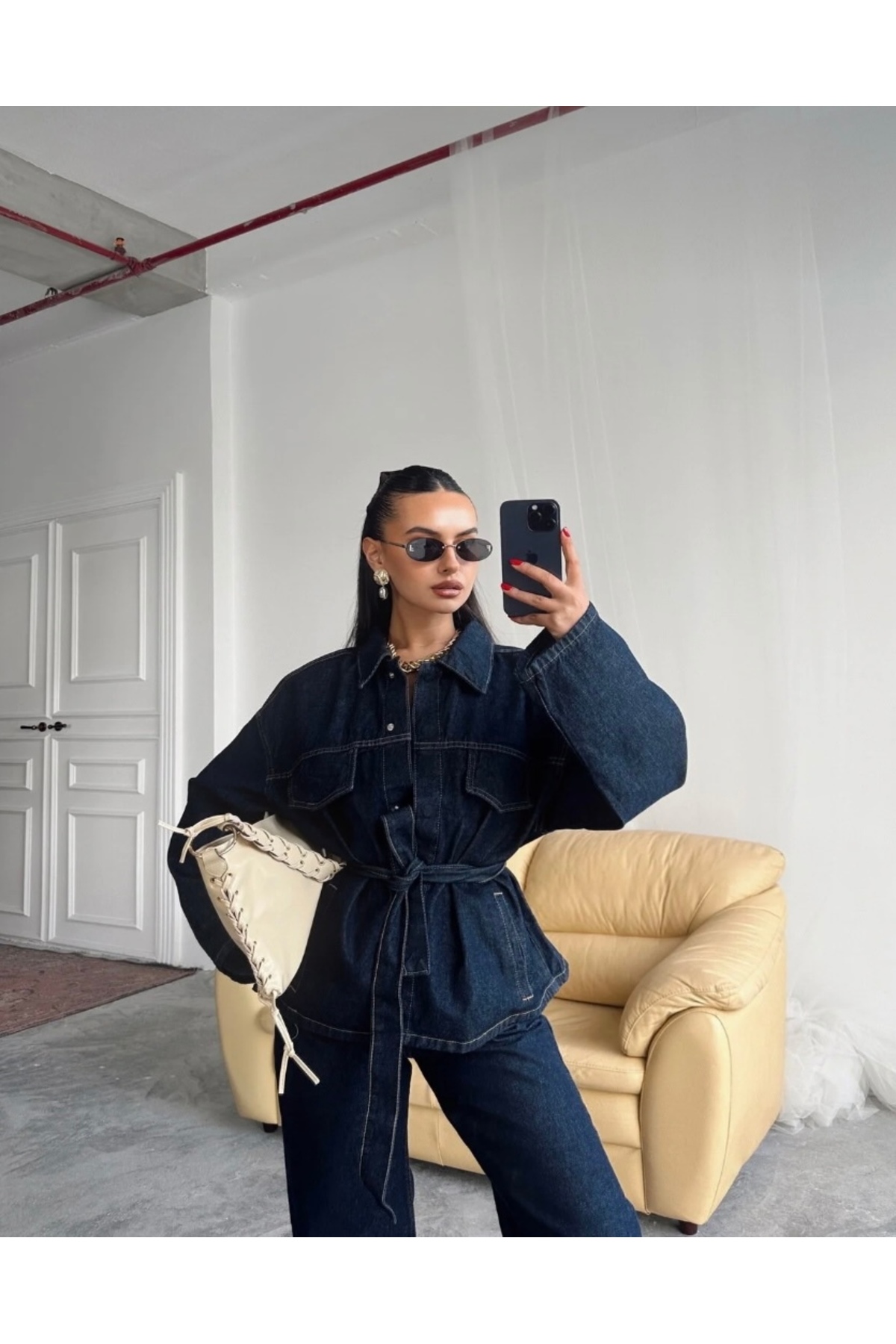 ginger love Women's Dark Blue Denim Shirt and Wide-Leg Pants Set with Belt, 2...