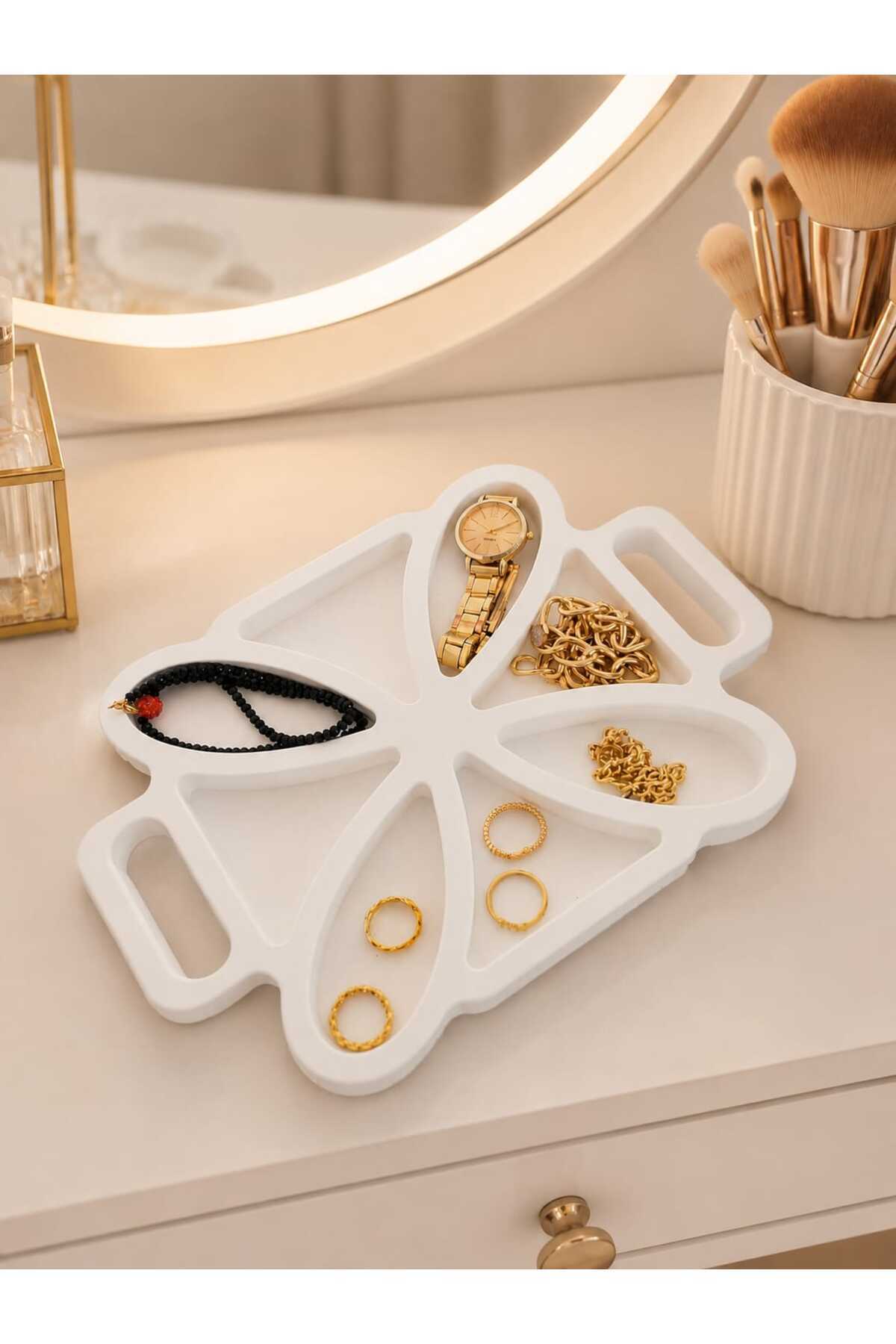 Beton El Yapımı Takı Düzenleyici Organizer Tepsi Beyaz Çok Bölmeli