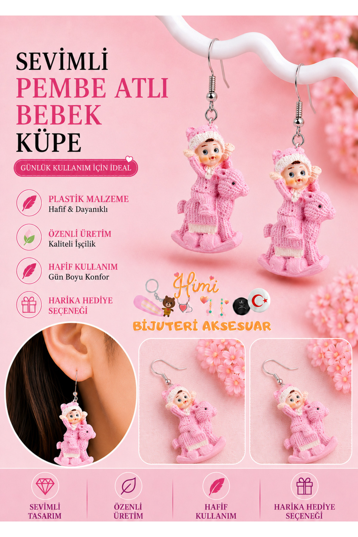 Neşeli Sevimli Pembe Atlı Bebek Figürlü Sallantılı Küpe Hafif Tasarım Günlük Kullanım Bijuteri Çocuk Küpesi