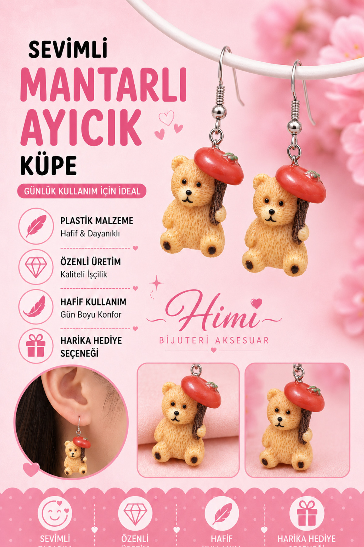 Mantarlı Ayıcık Neşeli Sevimli Hayvan Figürlü Sallantılı Küpeler Hafif Tasarım Günlük Kullanım Bijuteri Çocuk Küpesi