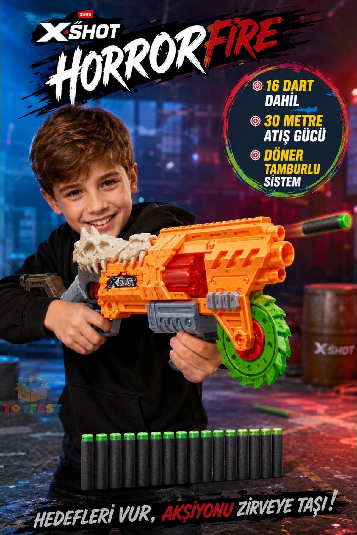 X-Shot Horror Fire Dart Tabancası 16 Dart 30 Metre Atış Gücü Köpük