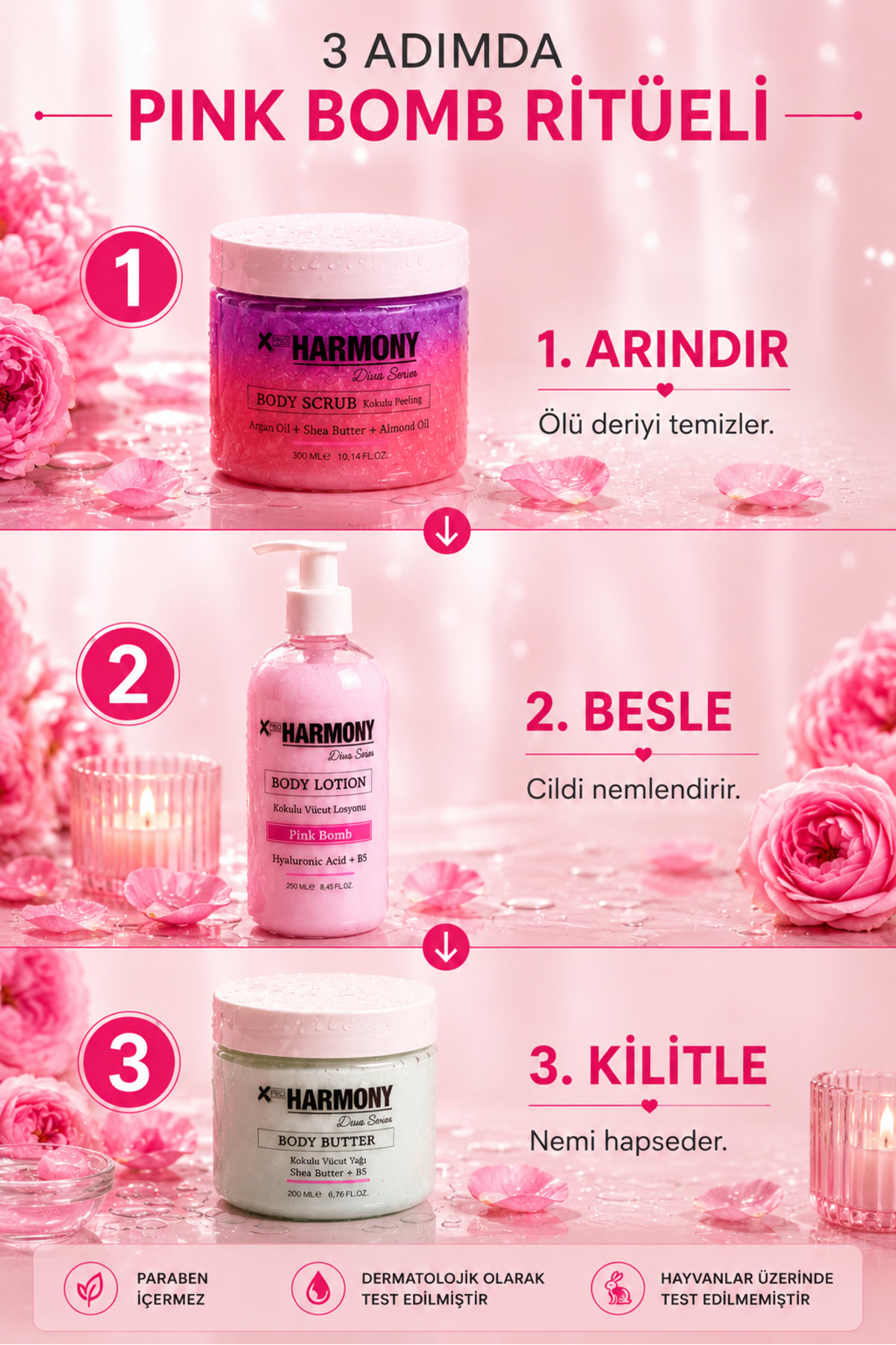 Pink Bomb Ritüeli 3’lü Vücut Bakım Seti 750 ml | Body Scrub + Body Lotion + Body Butter — PH-VRS-PBK-750 — تصویر 2 از 6