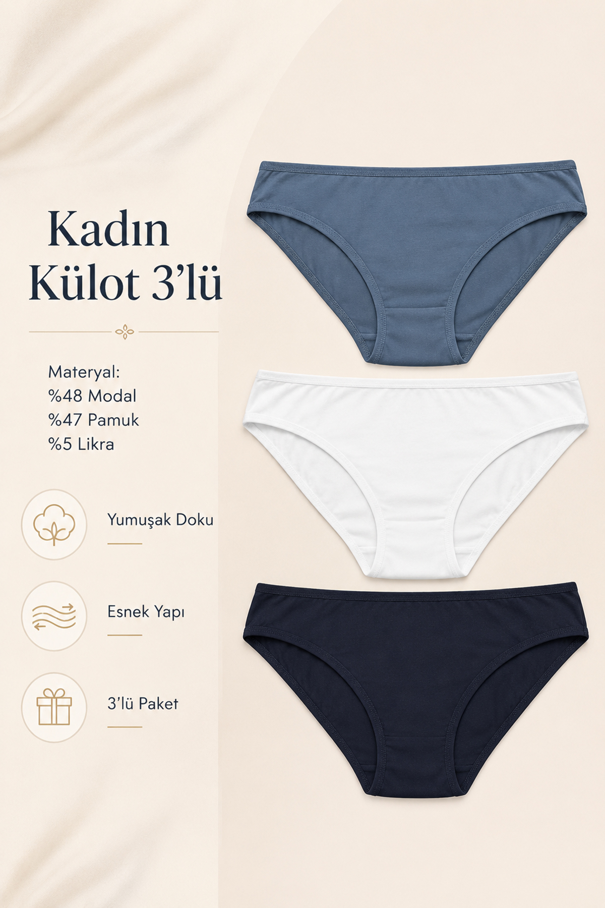 Nicoletta Kadın Külot 3 Lü Paket Likralı Modal Pamuklu Likrali görsel 2