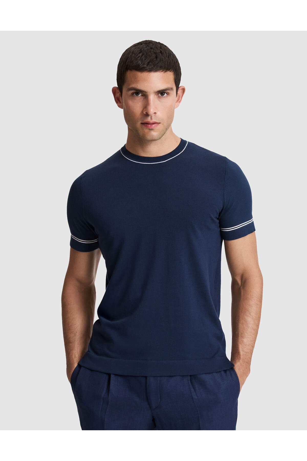 تی شرت بافتنی یقه گرد طرح Slim Fit سرمه‌ای، ۱۰۰٪ پنبه، کد ۵۰۳۲۰۷۹۴-VR033 پیر کاردین تی شرت Pierre Cardin