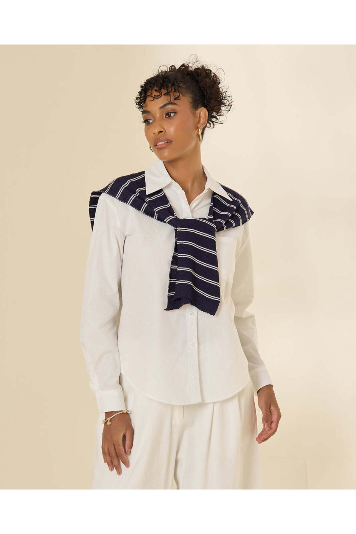 REDTAG Women Ivory Button Down Collared Shirt With Scarf