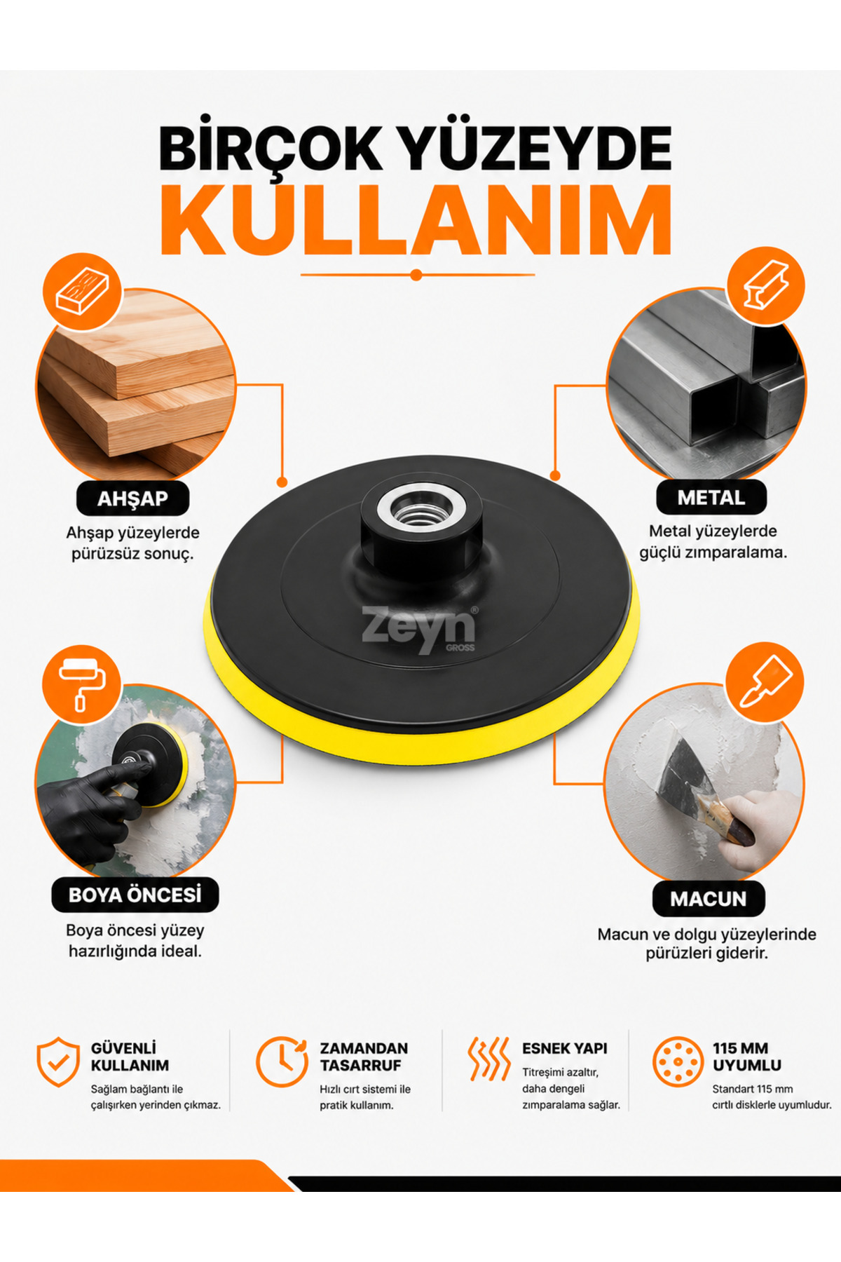 Zeyn Gross DMAX 115 mm Cırtlı Zımpara Tabanı M14 – Avuç Taşlama ve