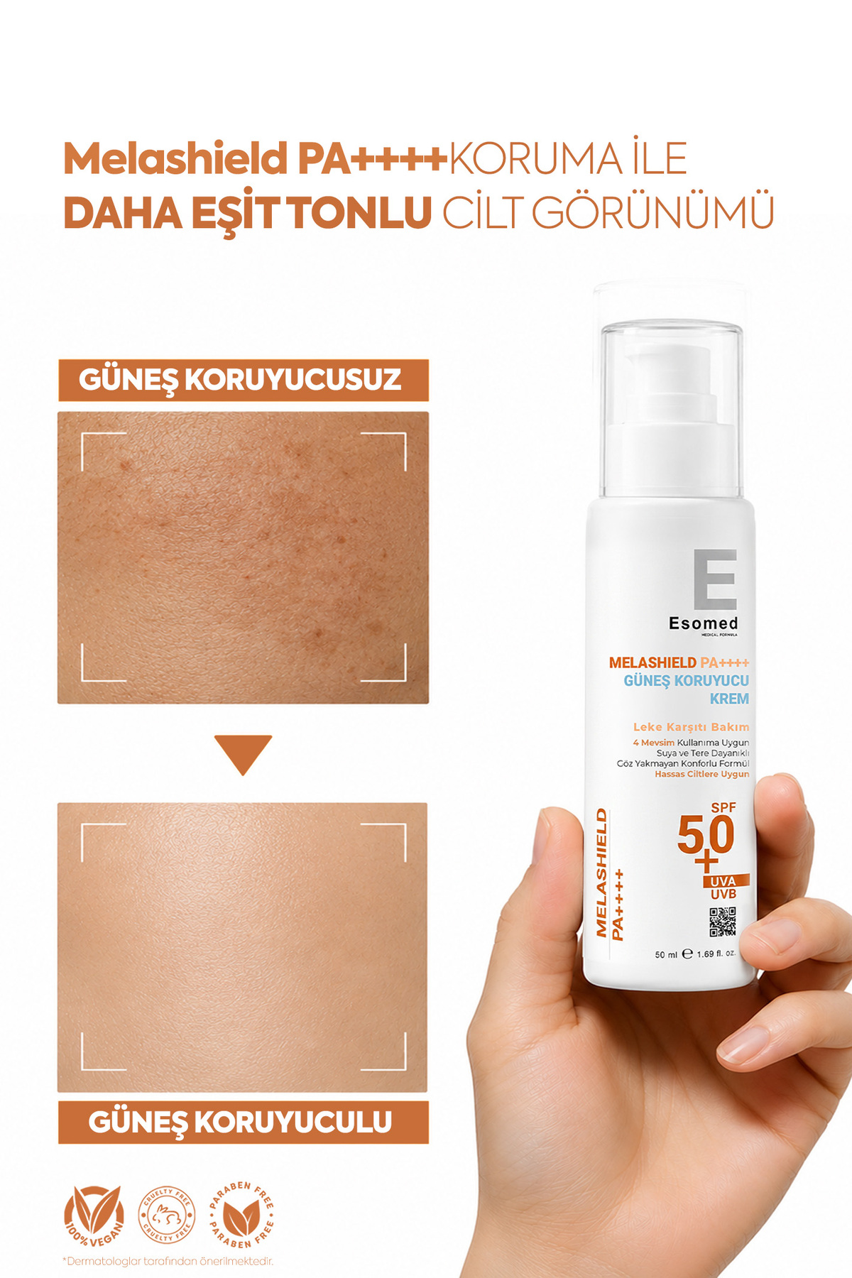Melashield Kore Parıltısı Güneş Kremi SPF 50+ Göz Yakmayan Suya ve Tere Dayanıklı UVA/UVB Koruma 50ml — Melashield-esomed — تصویر 6 از 8