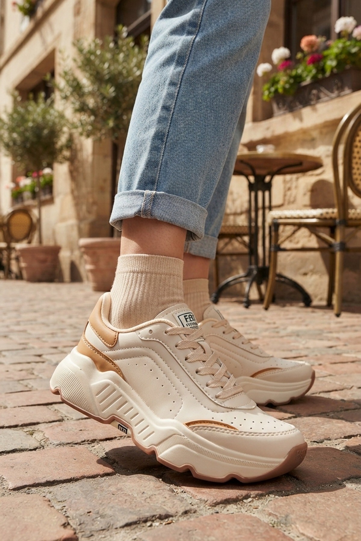 Günlük Kullanıma Uygun Ekru Kadın Sneaker Spor Ayakkabı