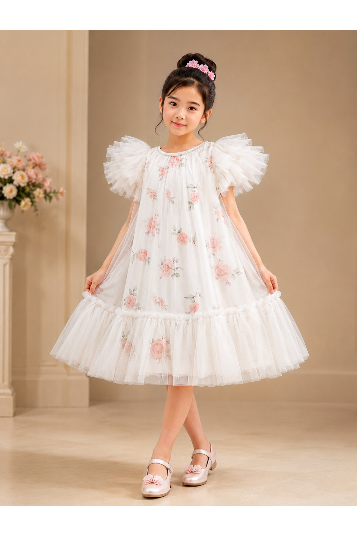Girls Luxury Floral Print Tulle Party Dress with Puffy Sleeves – White & Blush Pink