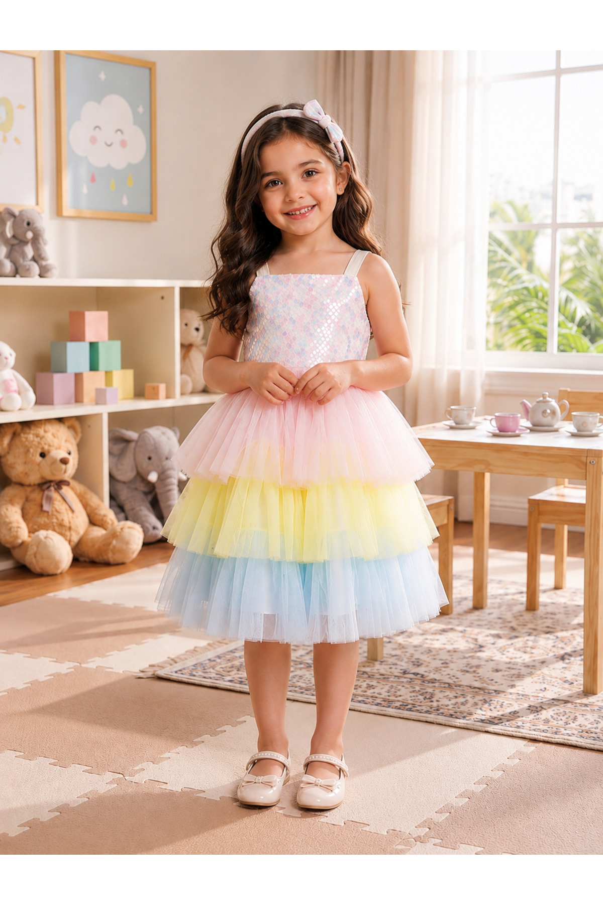 Girls Luxury Rainbow Layered Tulle Party Dress with Sequin Bodice & Oversized Satin Bow Back