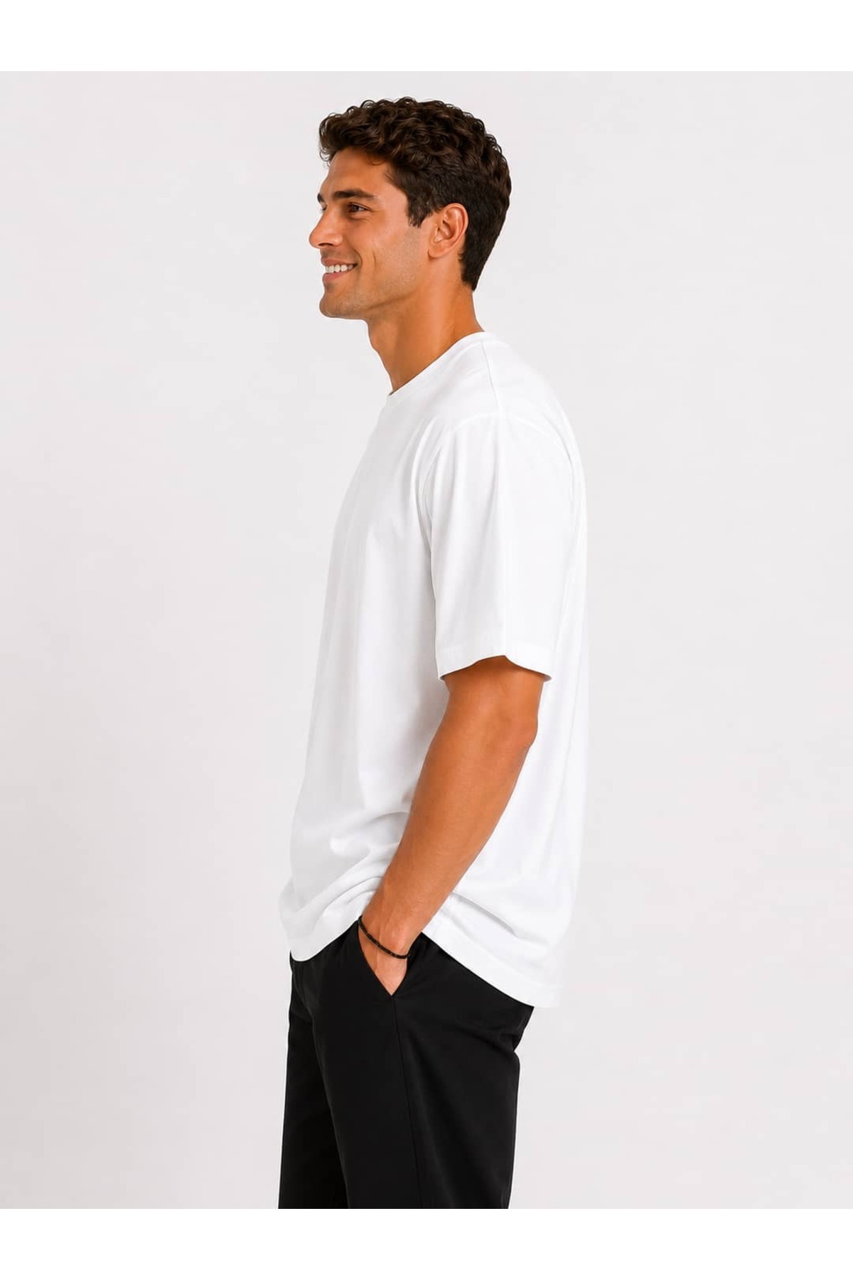 Vasto Moda Erkek Oversize Kalın Dokulu %100 Organik Pamuk Bisiklet Ribana Yakalı Beyaz T-Shirt görsel 3