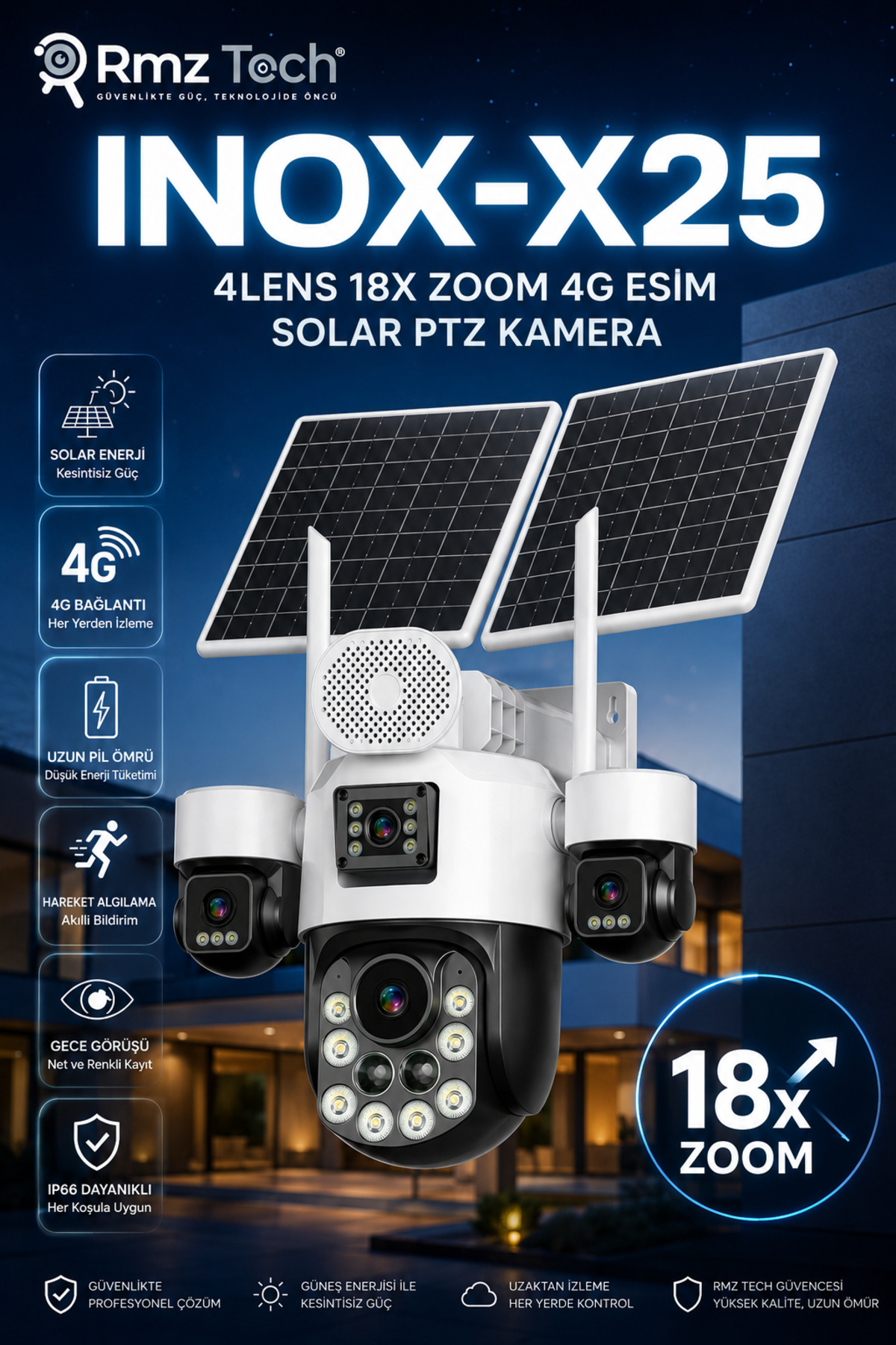 RMZTECH INOX X25 4LENS 18X ZOOM 4G ESİM SOLAR PTZ KAMERA - Fiyatı