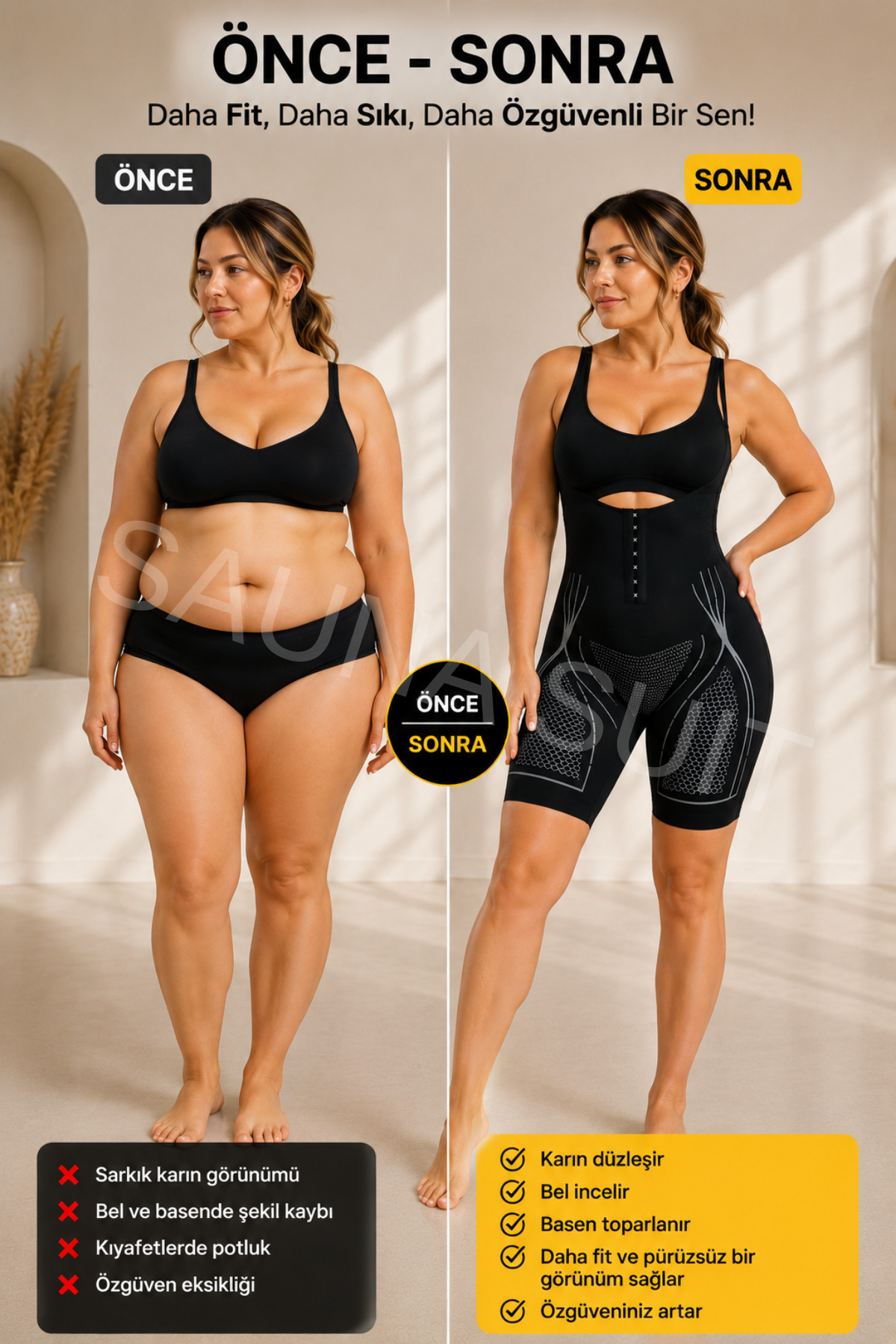 SAUNA SUIT Kadın Korse Takım Yerine Tek Parça Body Çıtçıtlı Ön Kapama Bacak Boyu Şort Göbek Toplayan Form İç Giyim Krem