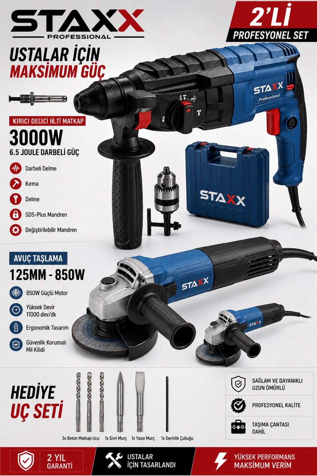 STAXX POWER 2'li Dev Usta Seti – 3000 W Hilti + 1500 W Spiral – Beton Demir Metal Ahşap Kesim Delme Kırma Full