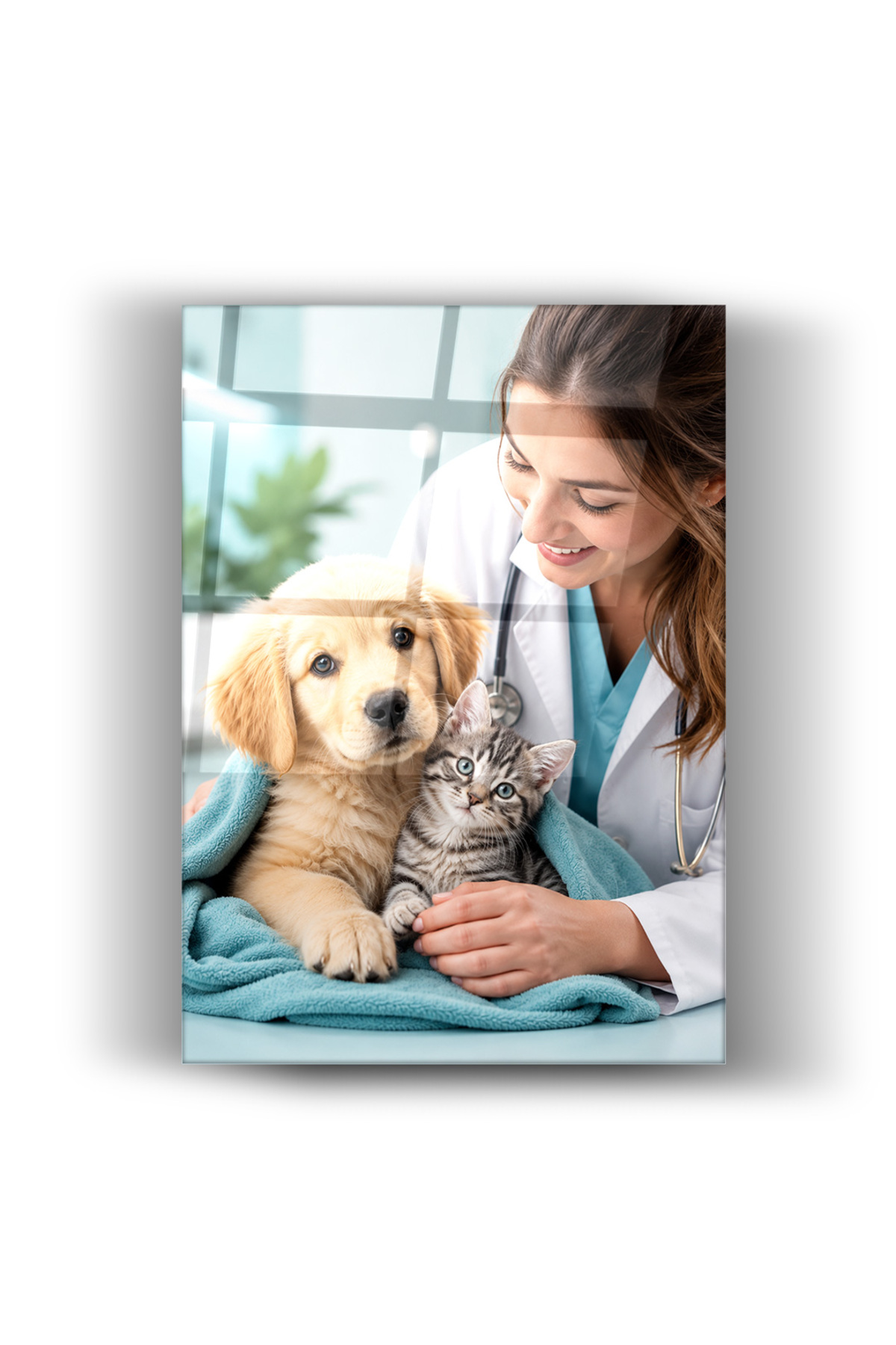 Cam Tablo Veteriner Hekim, Yavru Köpek ve Kedi Temalı Duvar Dekorasyonu