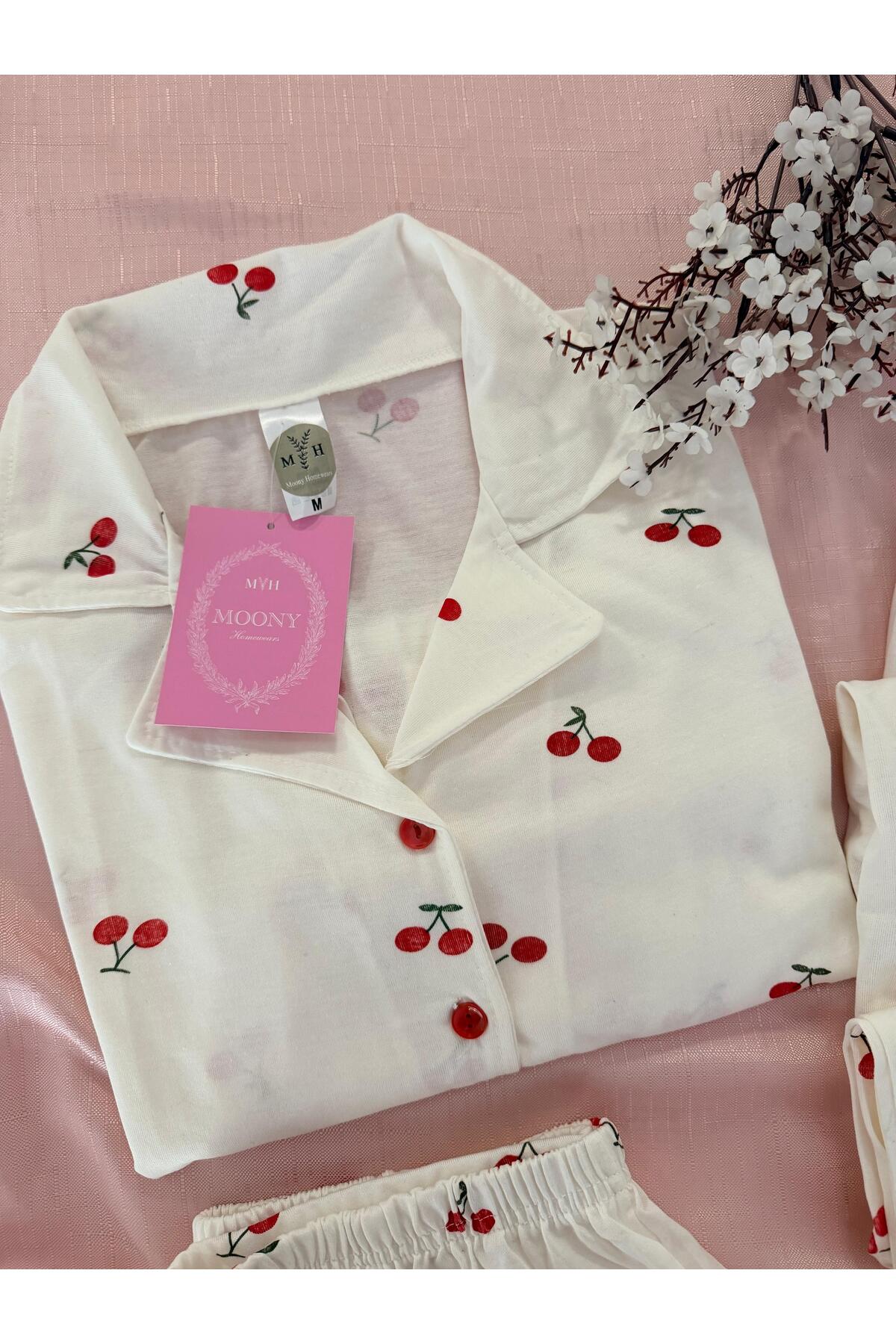 MH Moony Homewears Beyaz MH Cherry 3'lü Pamuklu Pijama Takımı görsel 2