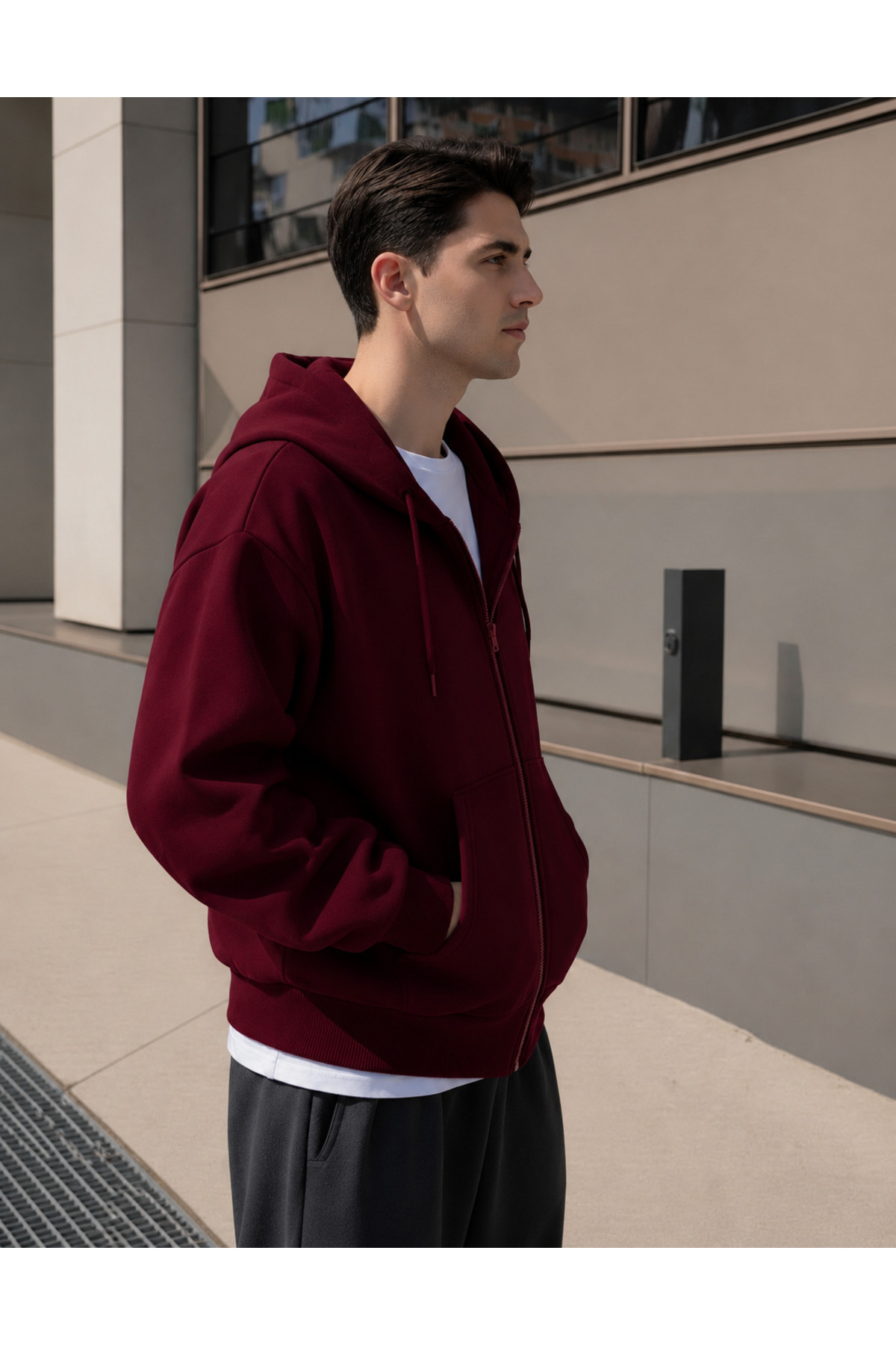 YAKAMEL ERKEK 3 İPLİK FERMUARLI KAPÜŞONLU OVERSİZE RAHAT SWEATSHIRT HIRKA görsel 4